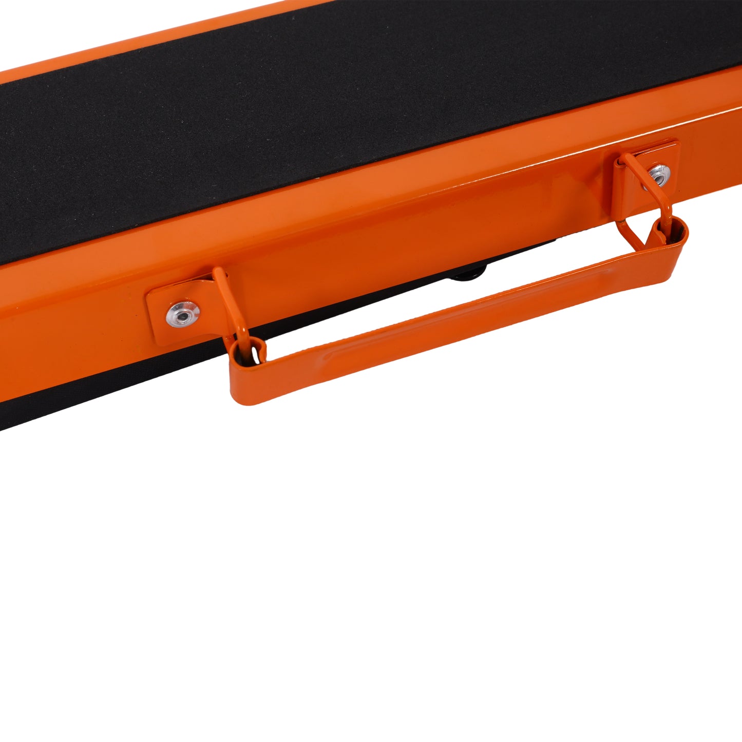 Orange metal step stool with textured black tread and side handle