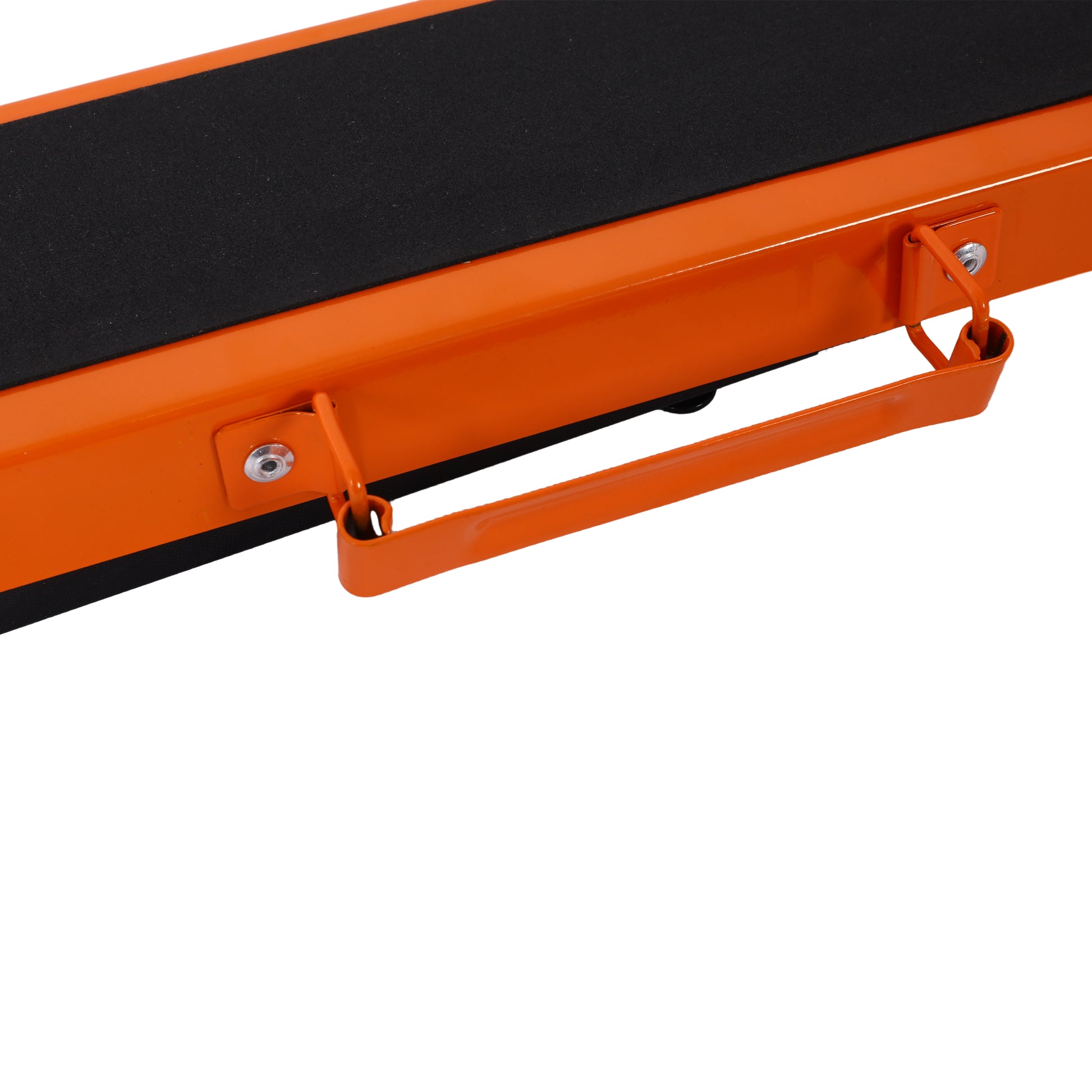 Orange metal step stool with textured black tread and side handle