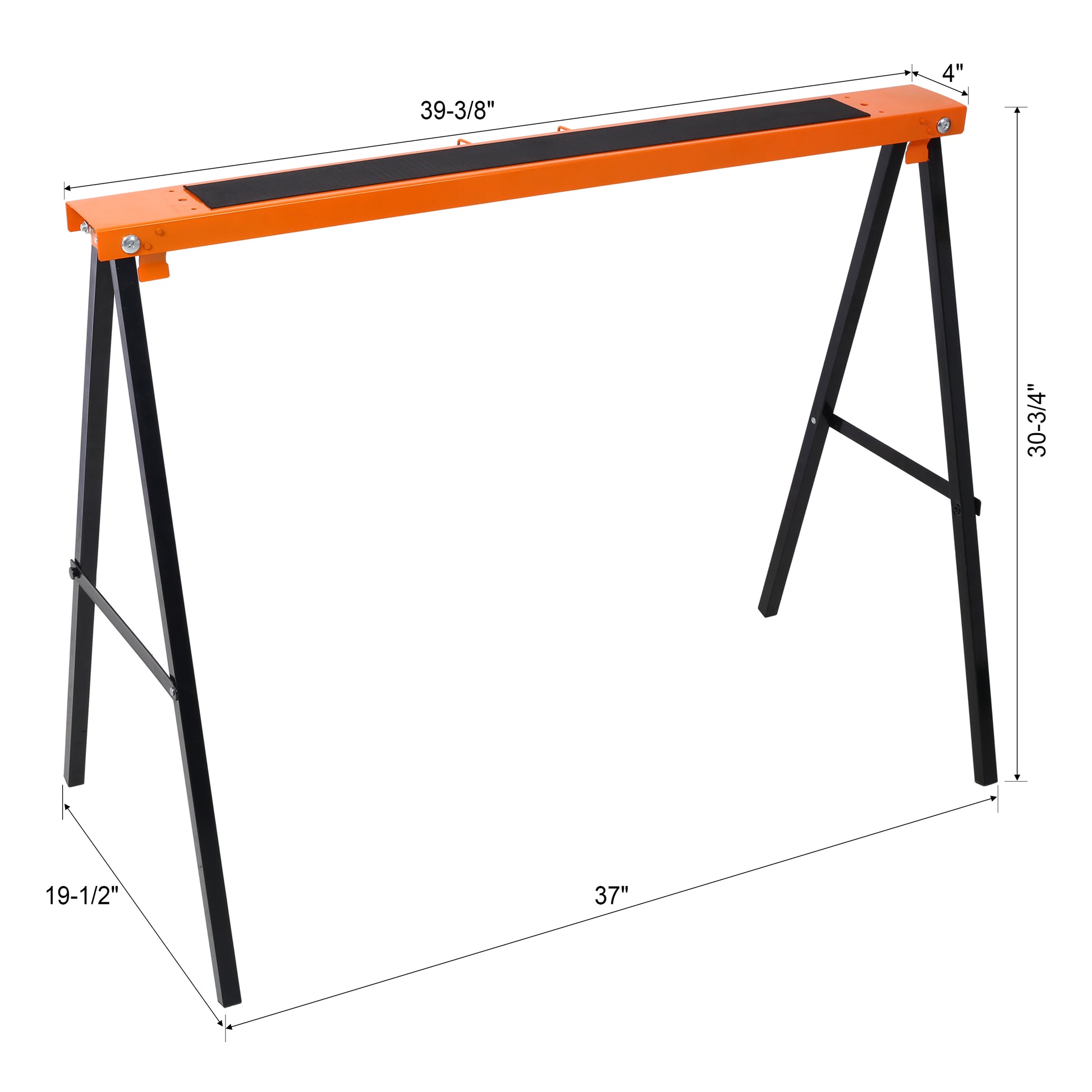 Orange and black metal sawhorse  inches wide for sturdy work support