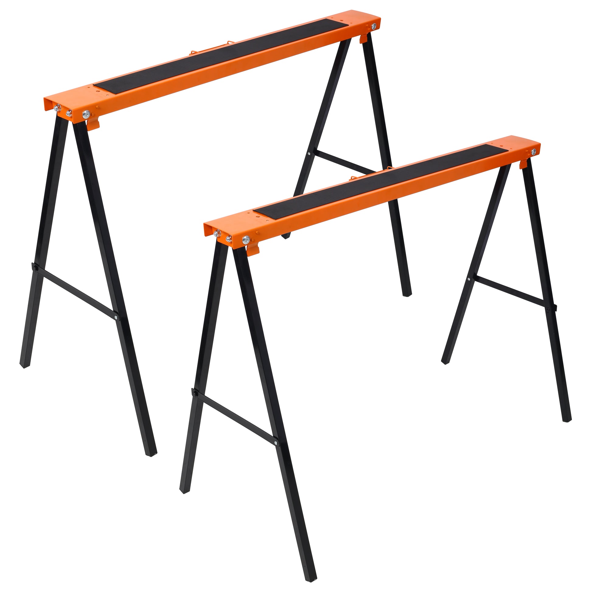 Pair of folding saw horses with orange tops and black metal legs for DIY projects