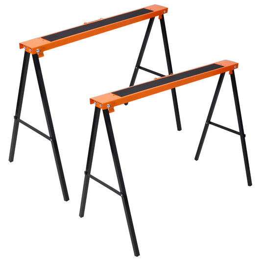 Pair of folding saw horses with orange tops and black metal legs for DIY projects