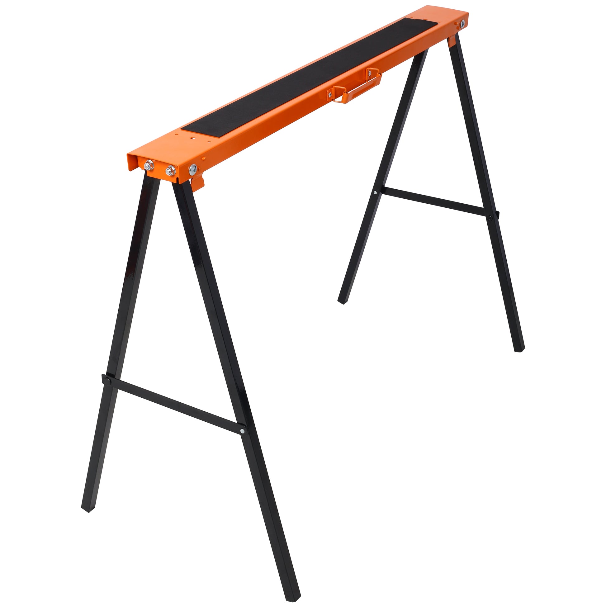 Orange metal sawhorse with black nonslip top and folding legs for portability
