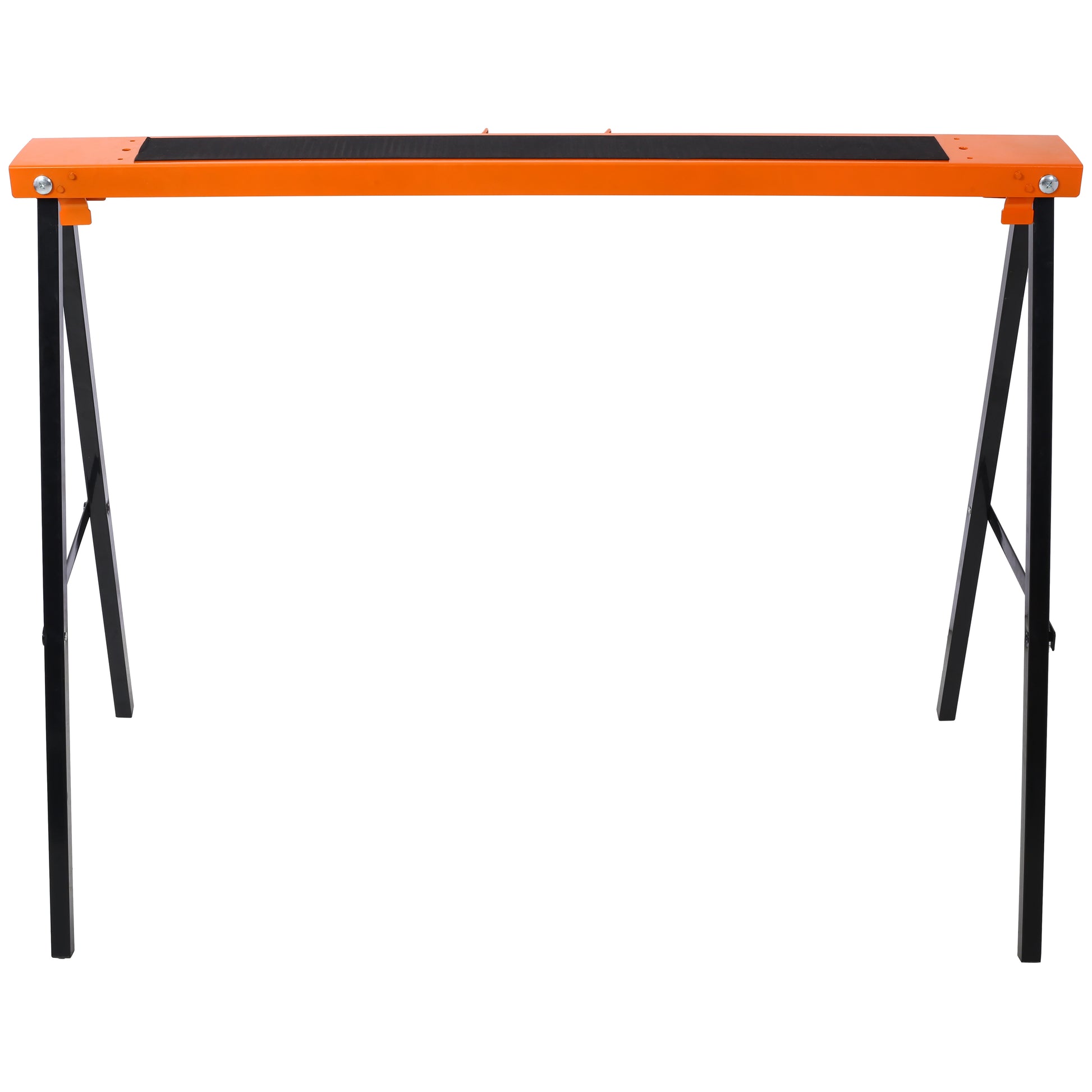 Orange metal folding sawhorse with black rubber grip and black steel legs