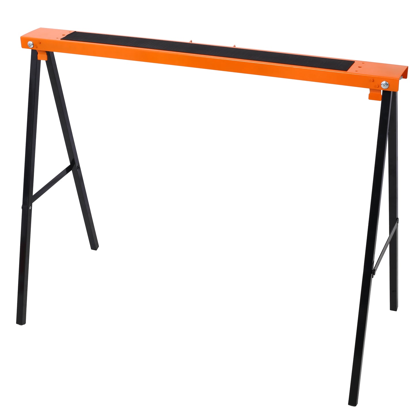 Orange metal sawhorse with black legs and rubber grips for stability