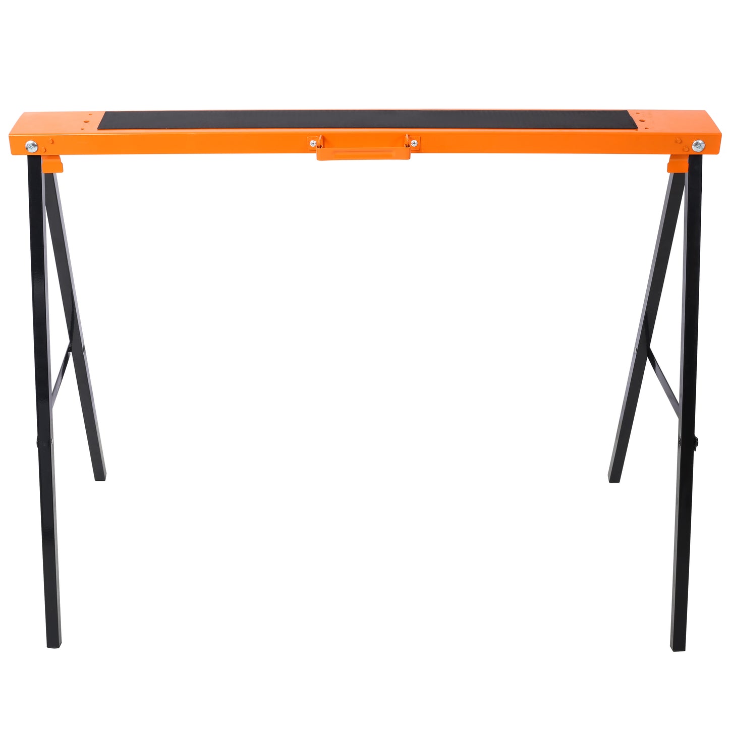 Orange and black folding sawhorse with builtin handle metal construction