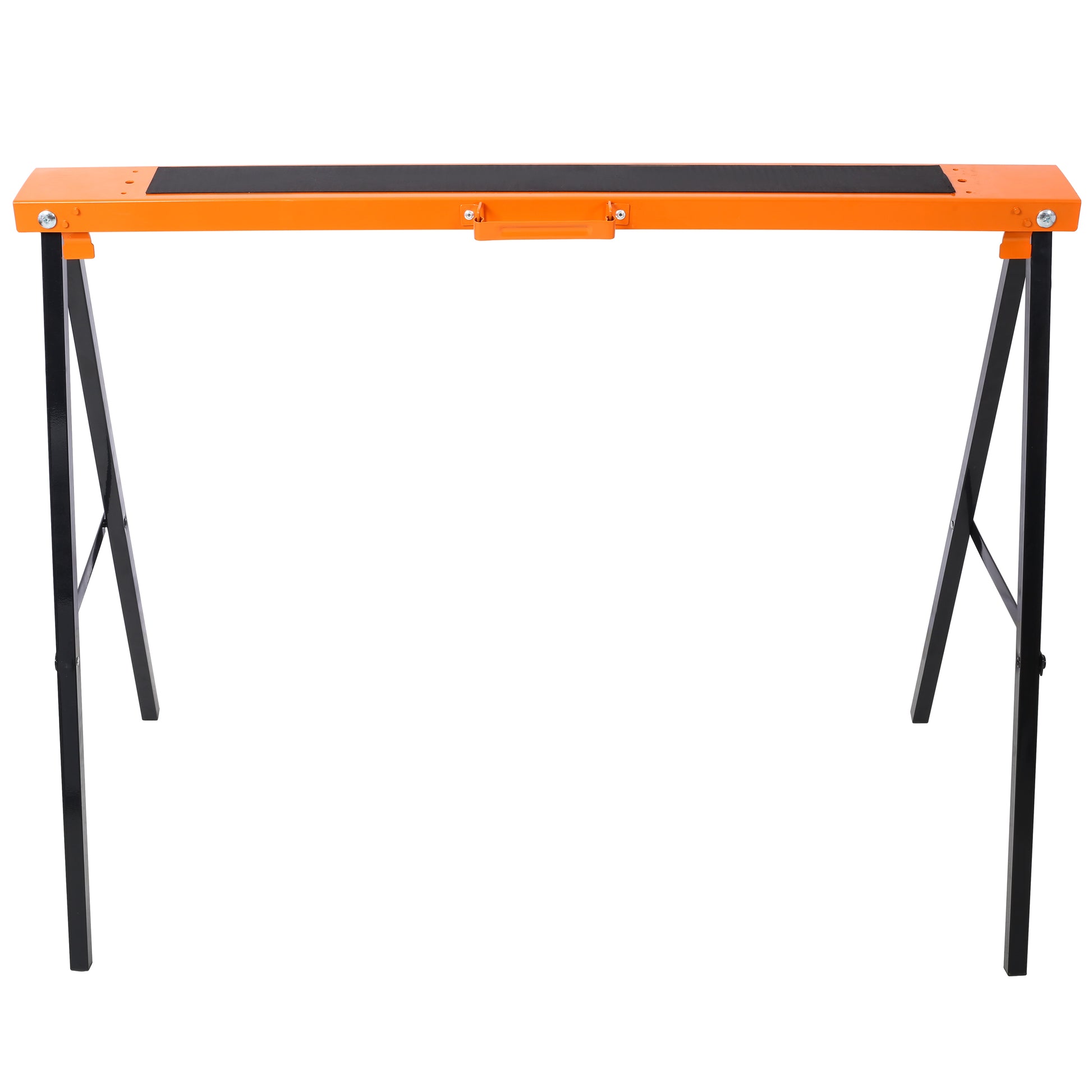 Orange and black folding sawhorse with builtin handle metal construction