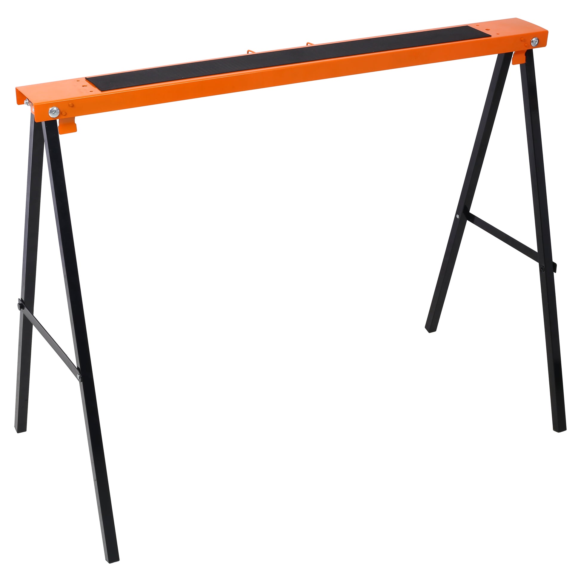 Orange and black metal sawhorse with padded top surface for woodworking