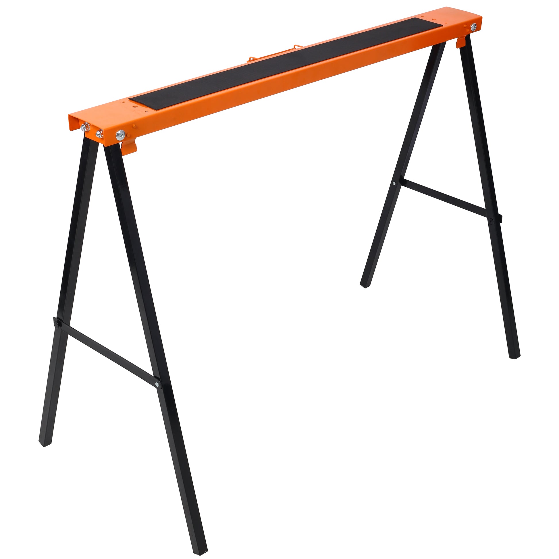 Orange and black folding sawhorse with rubber grip for stability