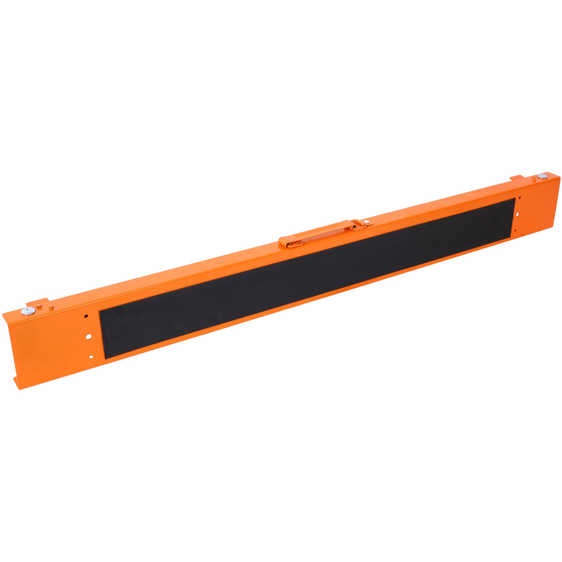Orange metal loading ramp with black grip surface and folding handle for easy transport