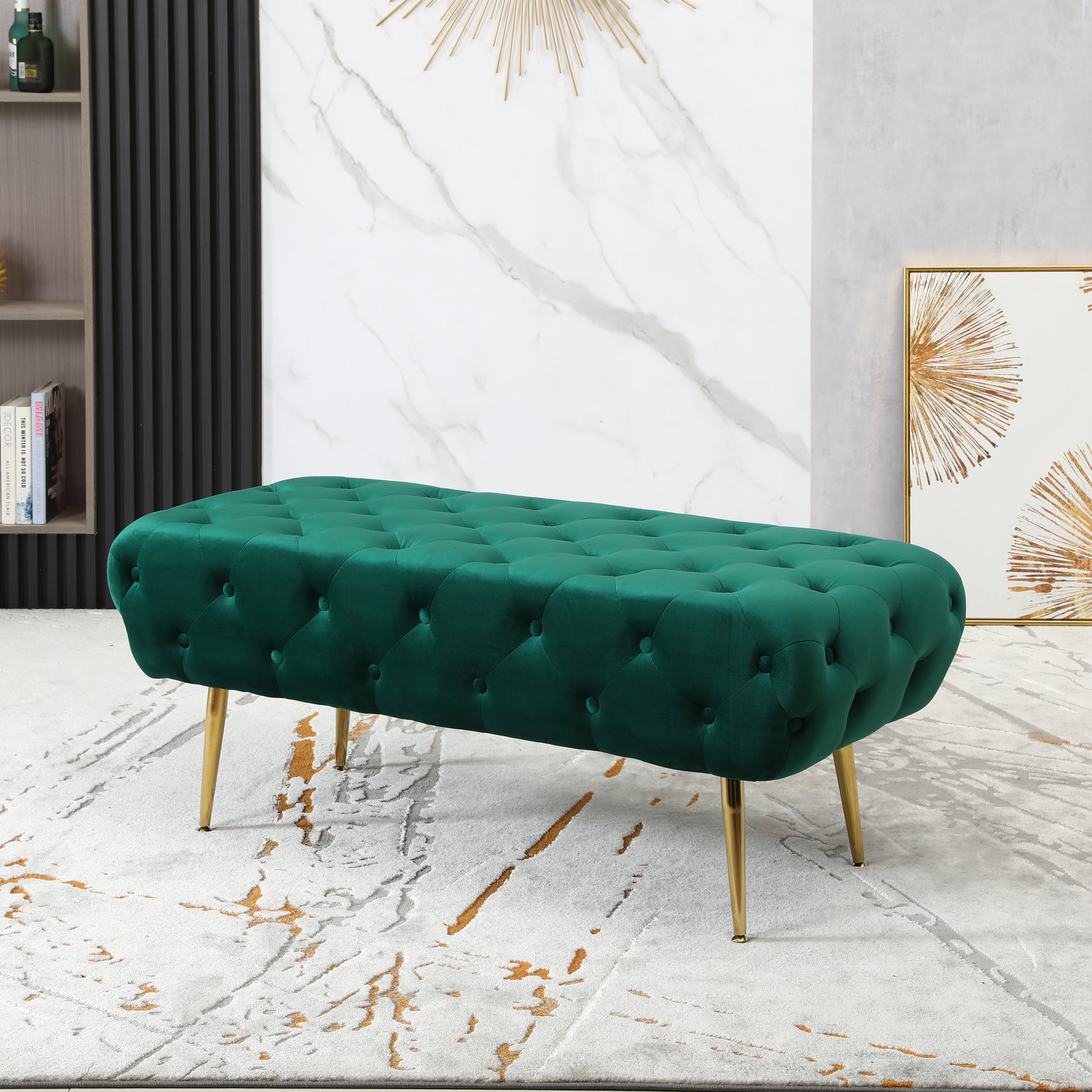 Emerald green velvet tufted ottoman bench with gold legs for entryway decor