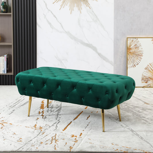Emerald green velvet tufted ottoman bench with gold legs for entryway decor