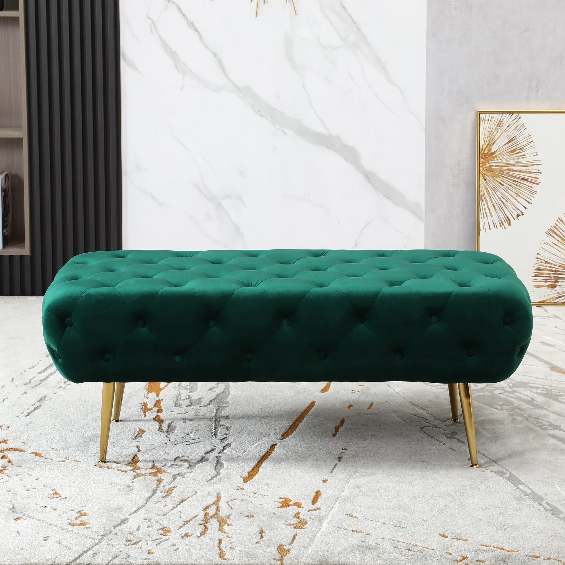 Emerald green velvet tufted ottoman with gold legs