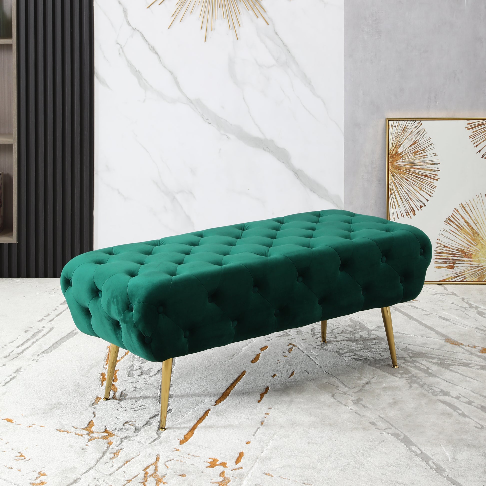 Emerald green velvet tufted bench with gold legs