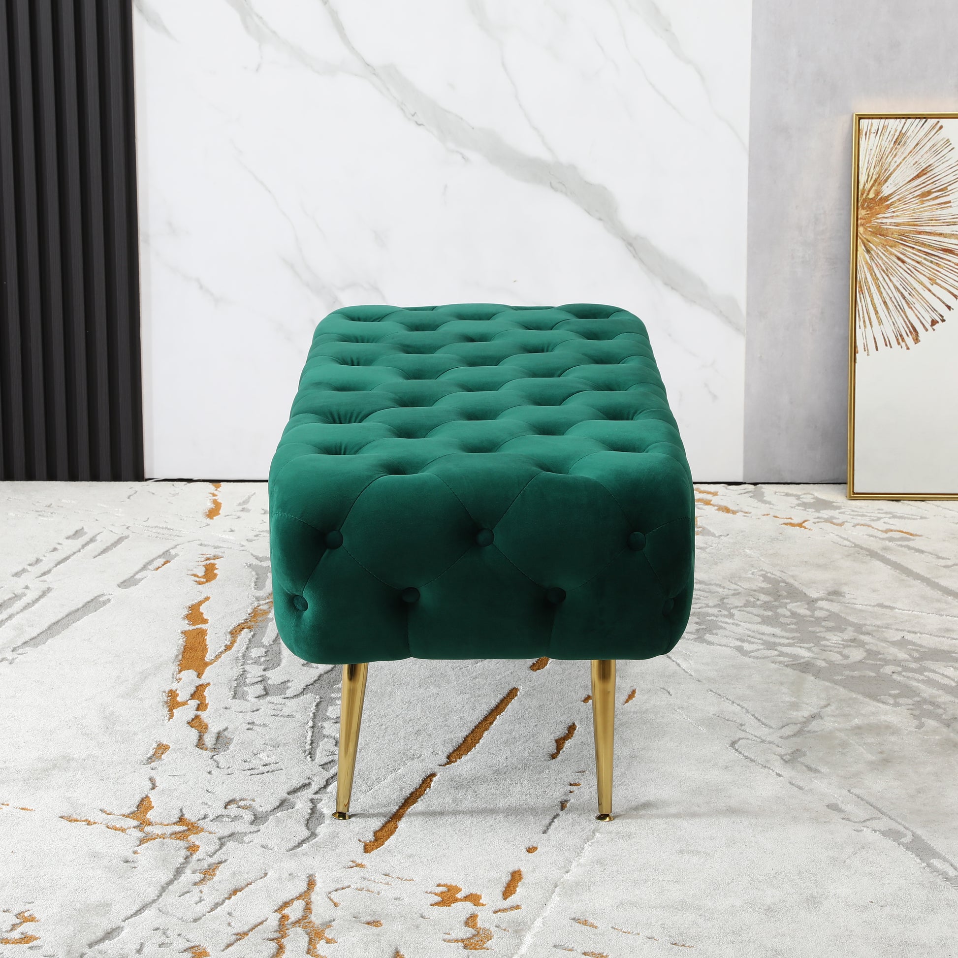 Green velvet tufted bench with gold metal legs