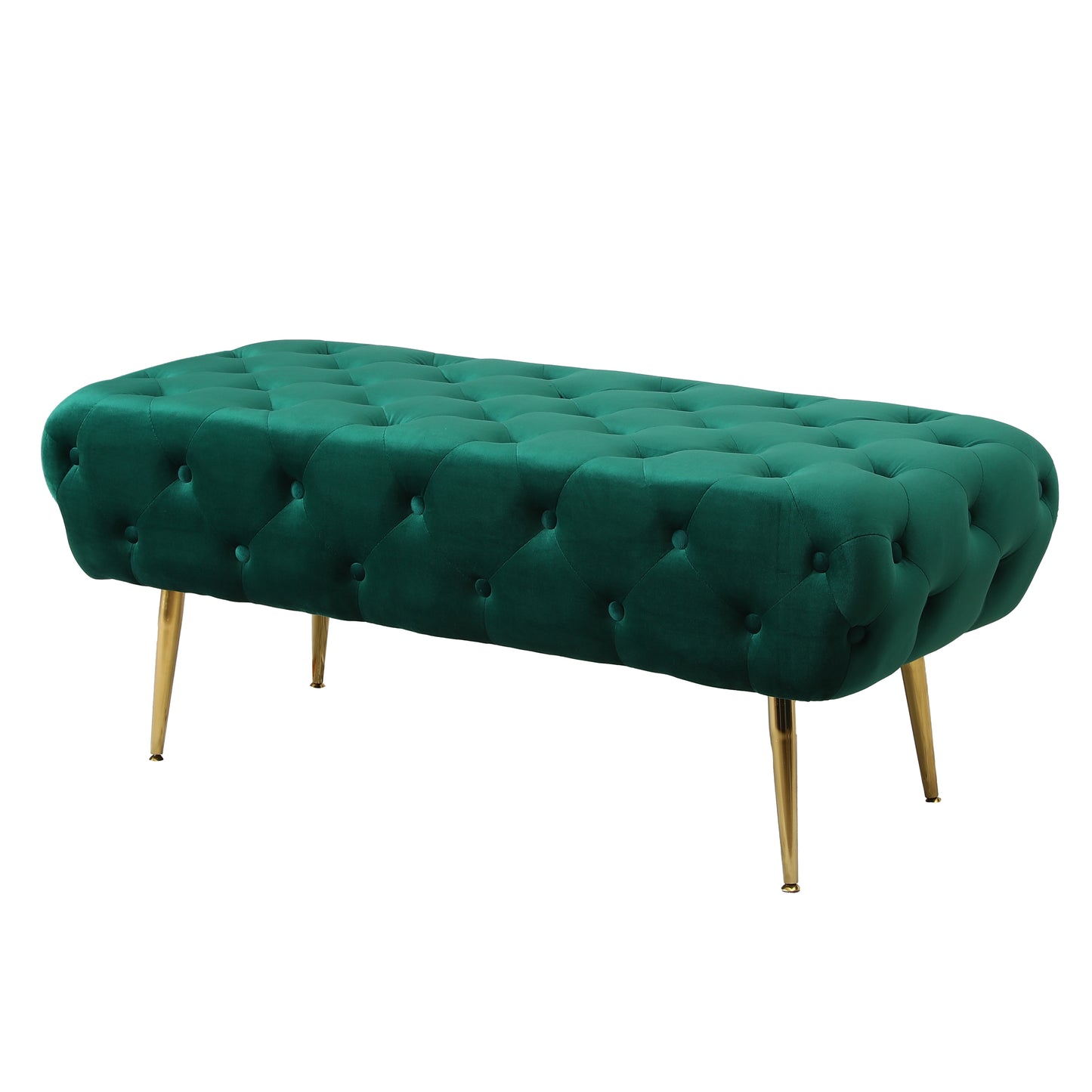 Deep emerald velvet tufted ottoman with gold tapered legs
