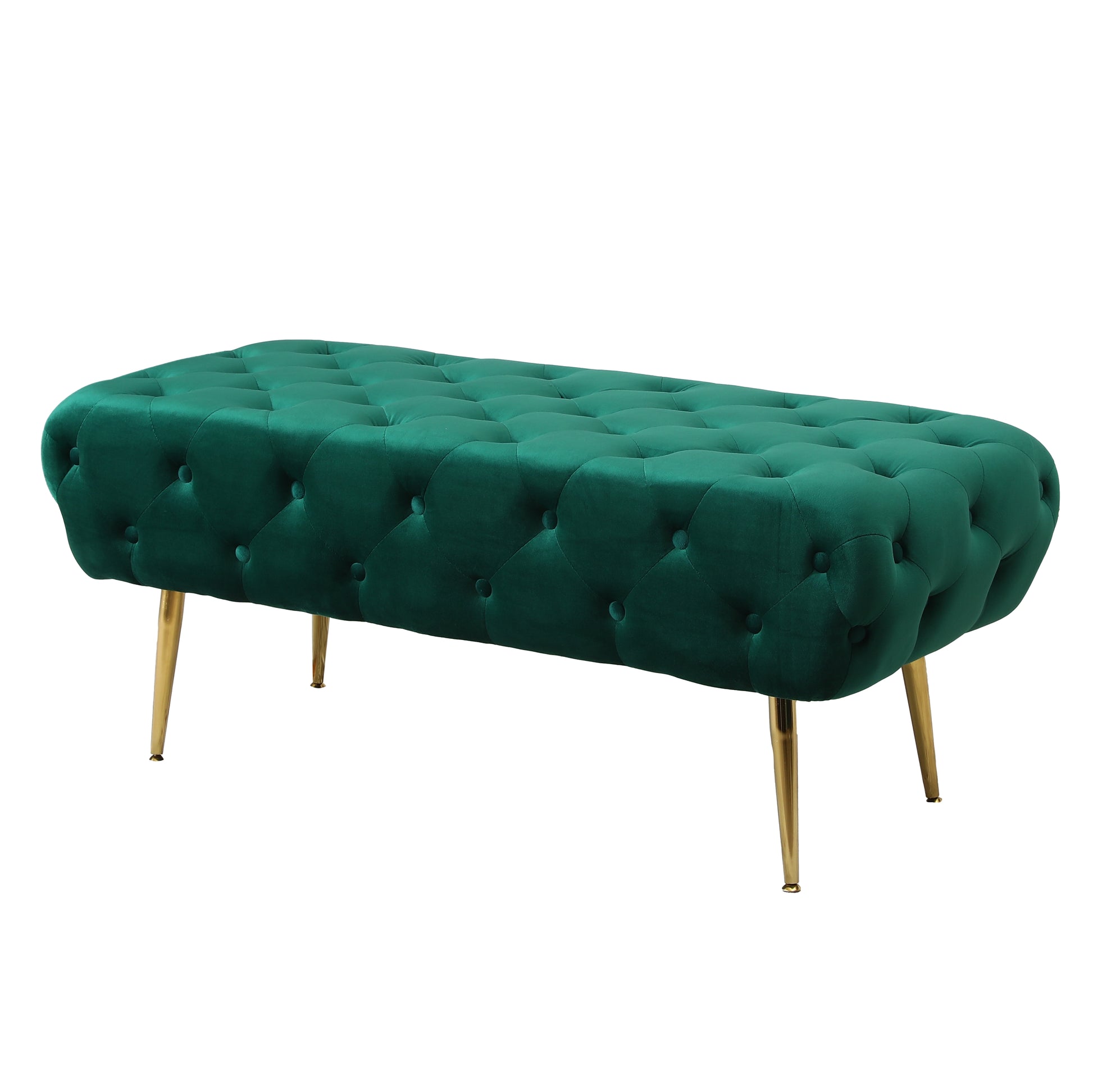 Deep emerald velvet tufted ottoman with gold tapered legs