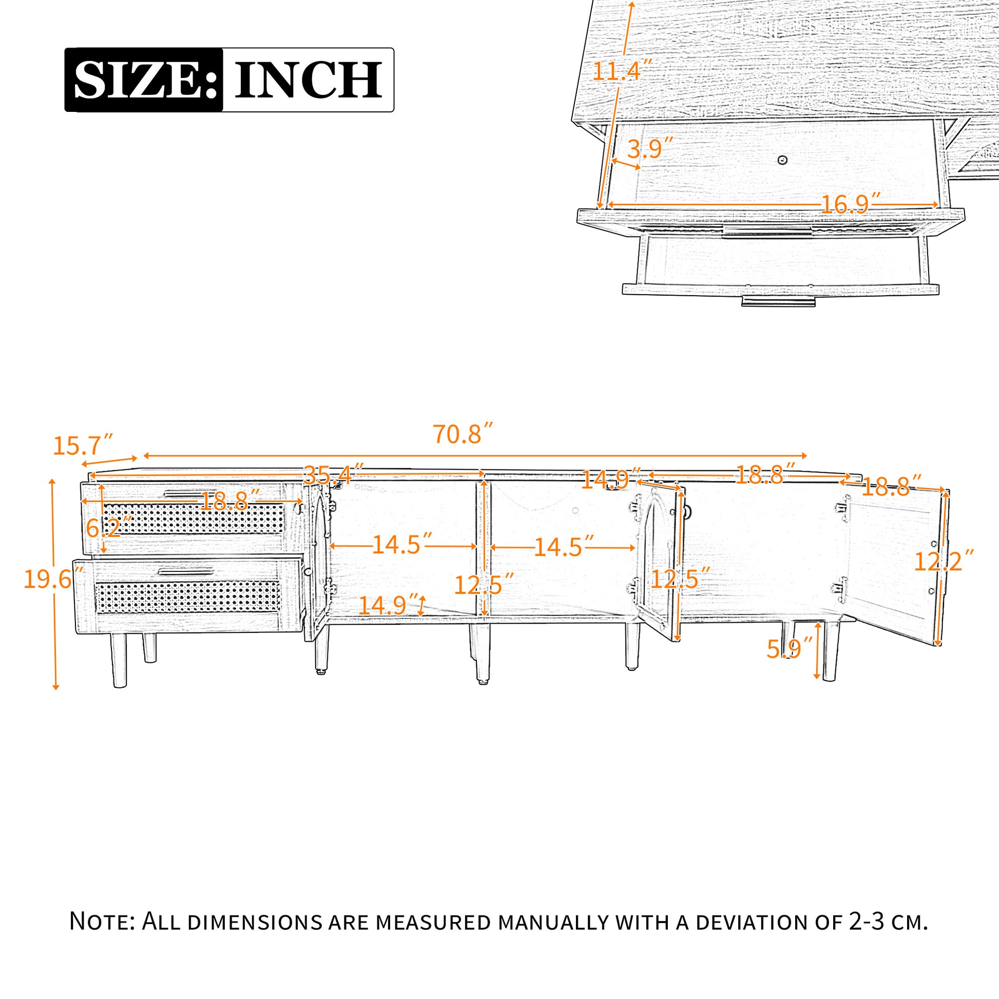 Line drawing of media console  W x  H with  drawers and  doors