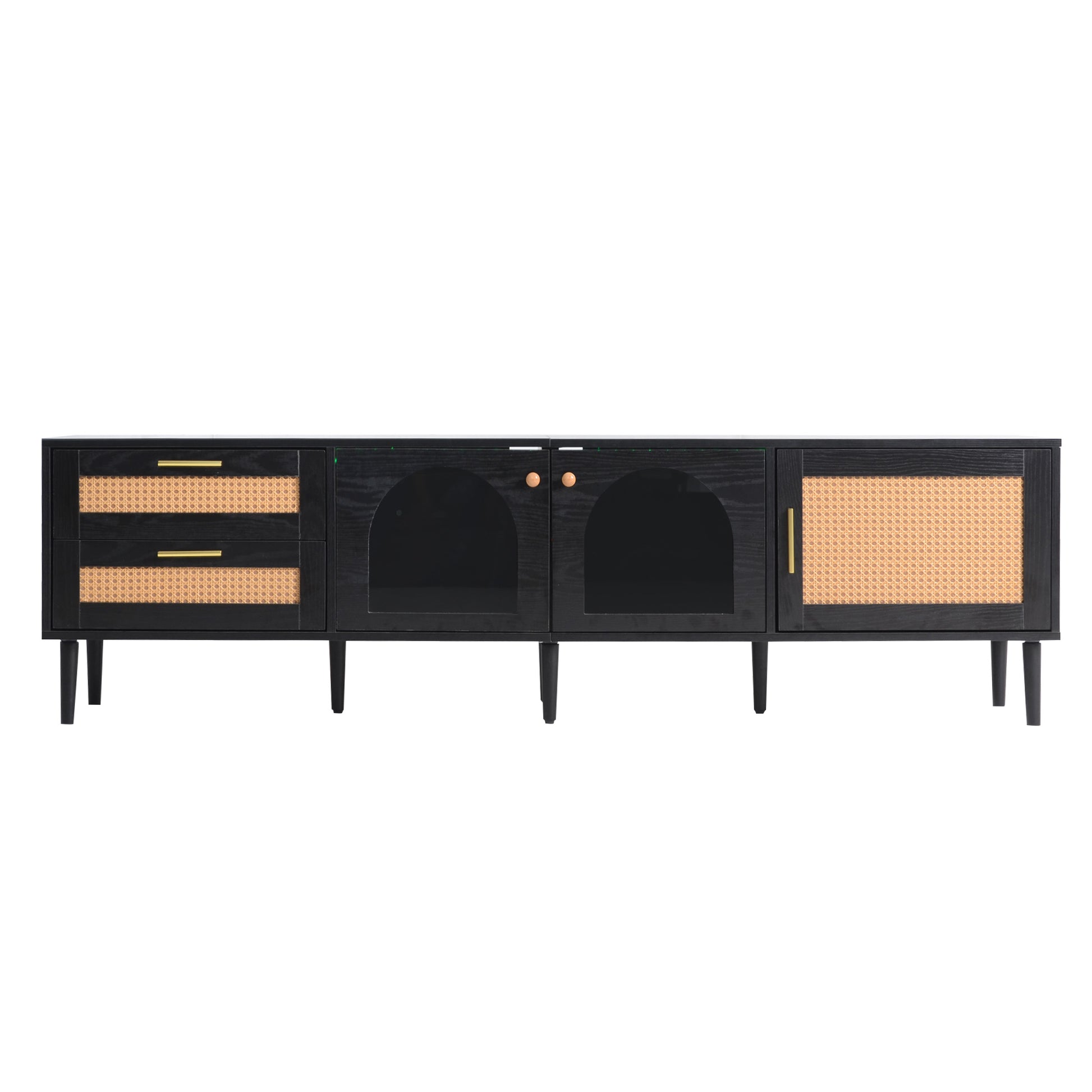 Black media console with cane accents and gold hardware