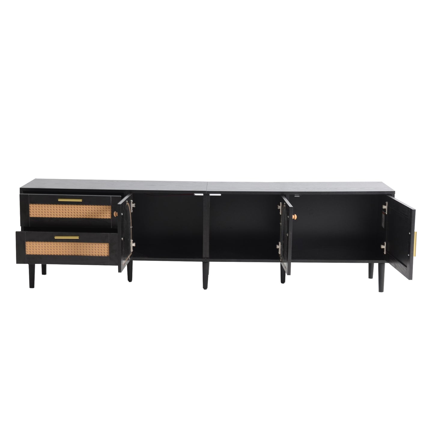 Black cane and wood media console with brass hardware and open doors revealing storage shelves