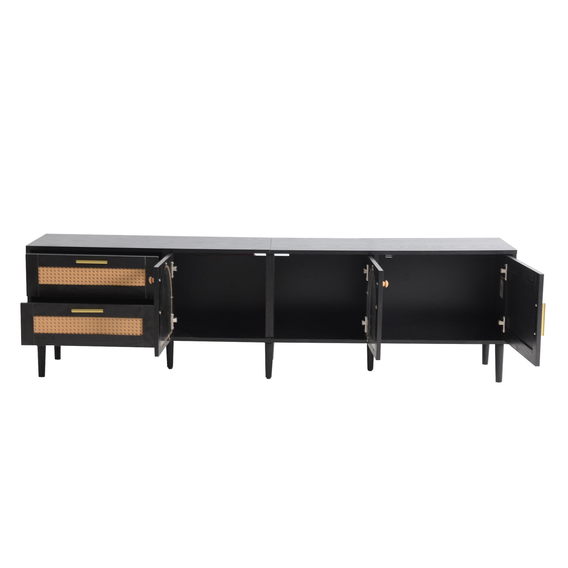 Black cane and wood media console with brass hardware and open doors revealing storage shelves