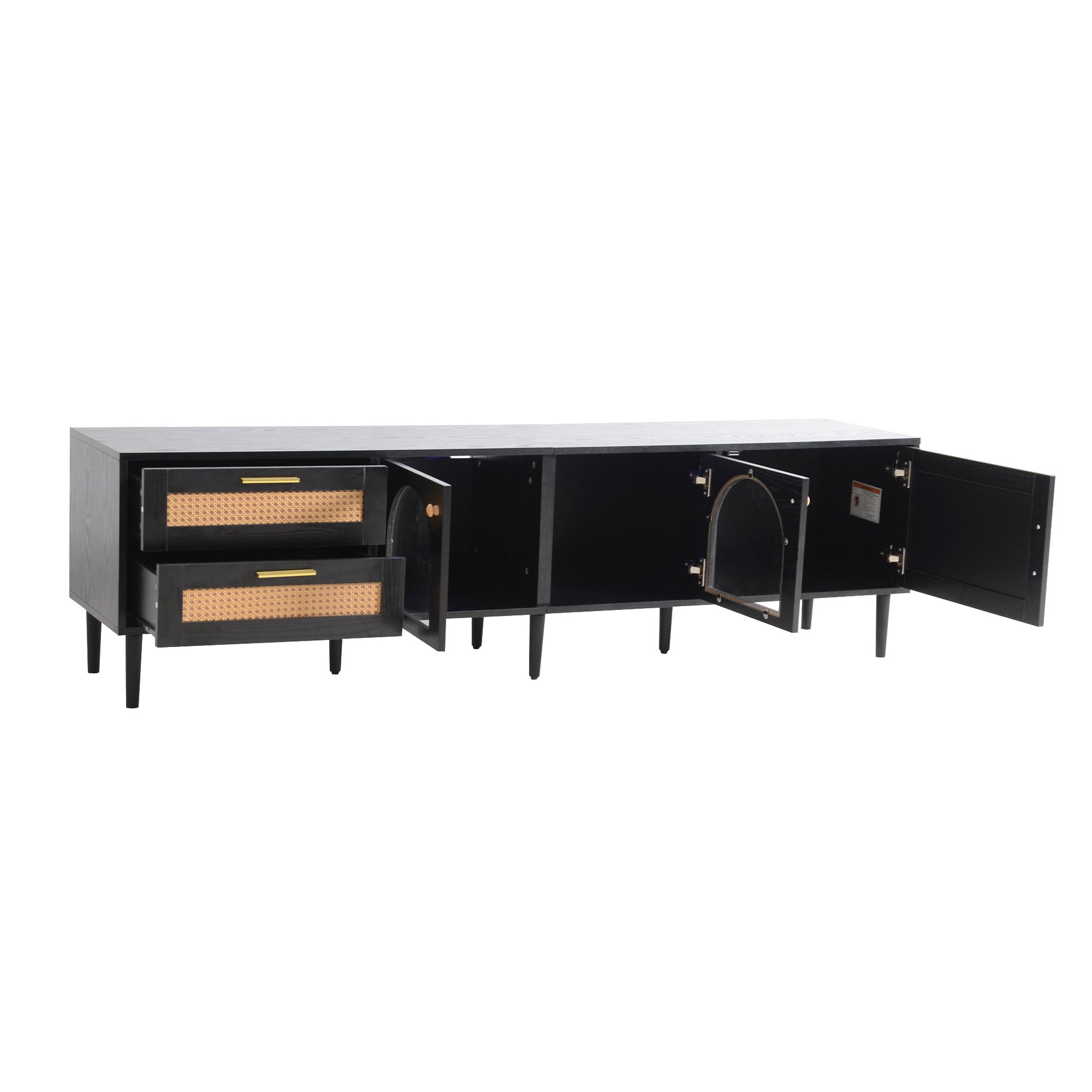 Black sideboard with cane detailing on drawers and arched glass doors