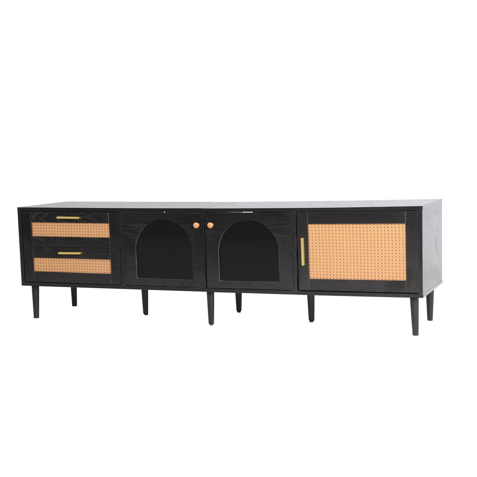 Black sideboard with cane doors and arched glass cabinet doors