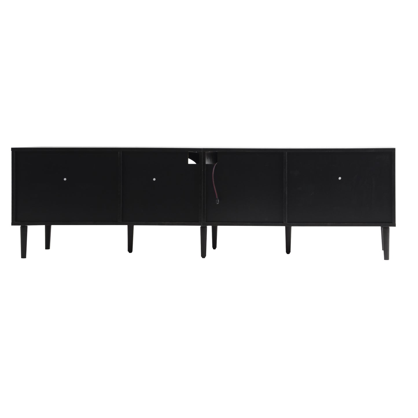 Black midcentury modern credenza with tapered legs and brass hardware
