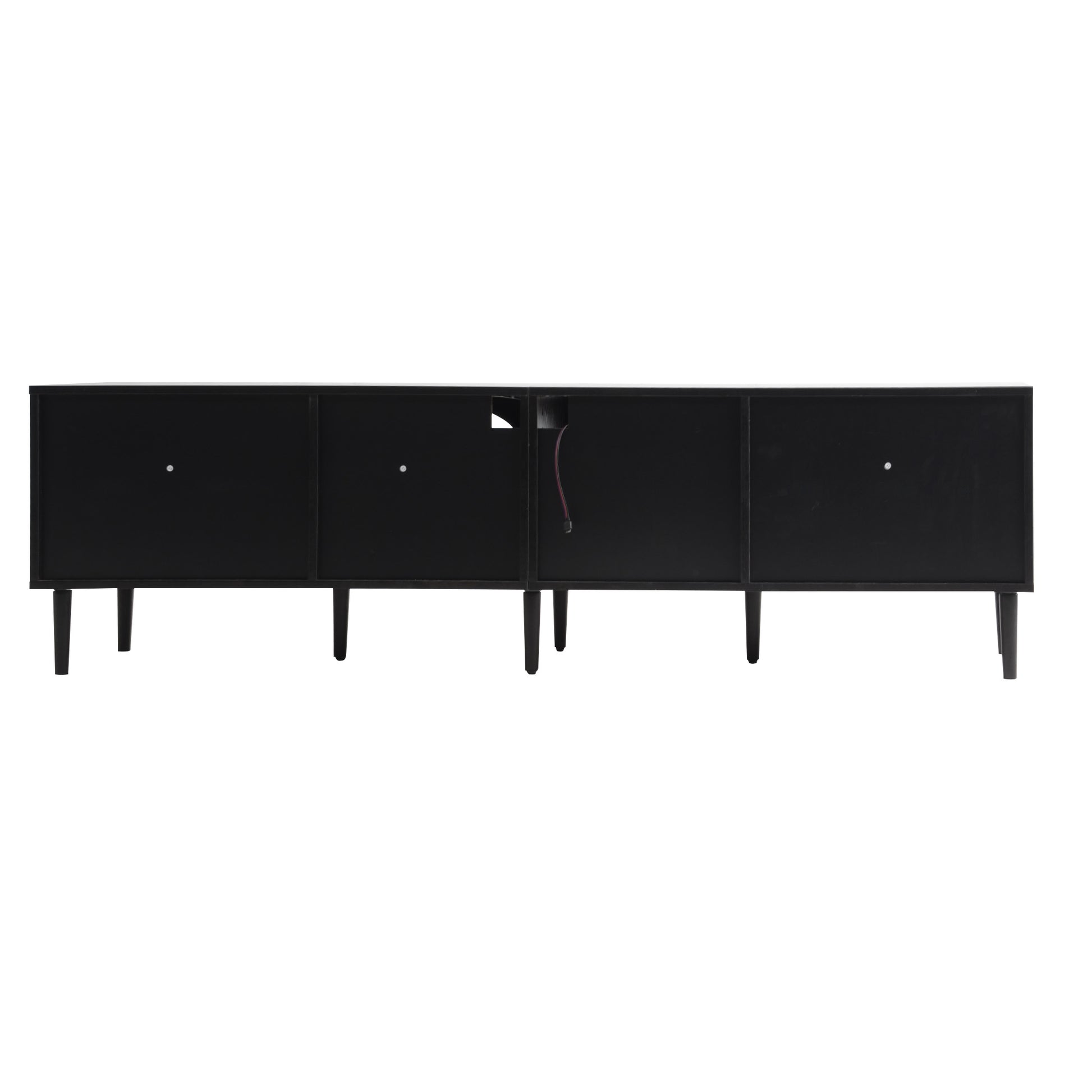 Black midcentury modern credenza with tapered legs and brass hardware