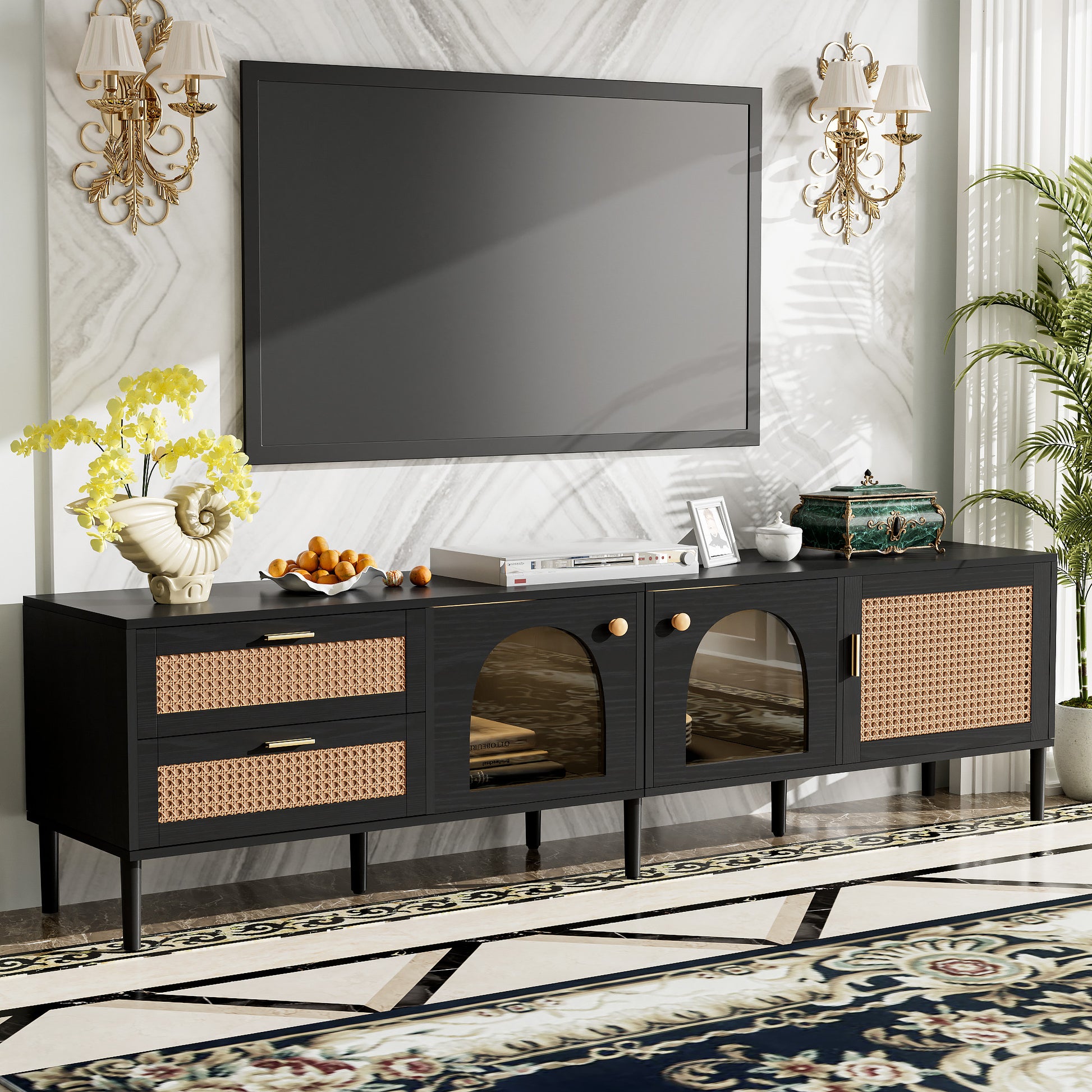 Modern black media console with cane webbing doors arched glass cabinets and gold hardware
