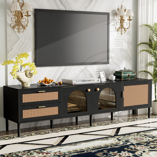 Modern black media console with cane webbing doors arched glass cabinets and gold hardware