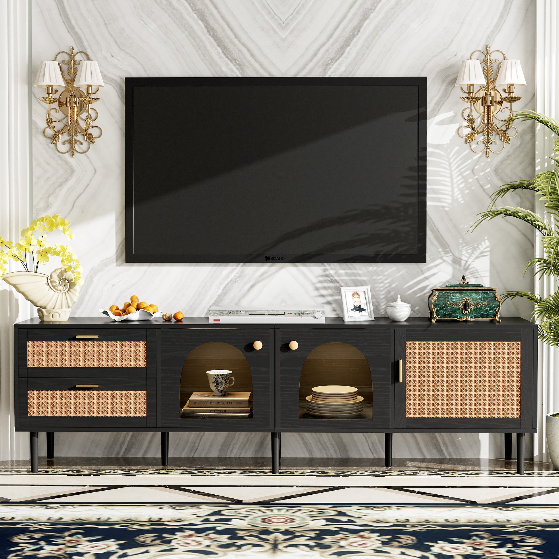 Black wood media console with rattan accents and gold hardware ideal for living rooms