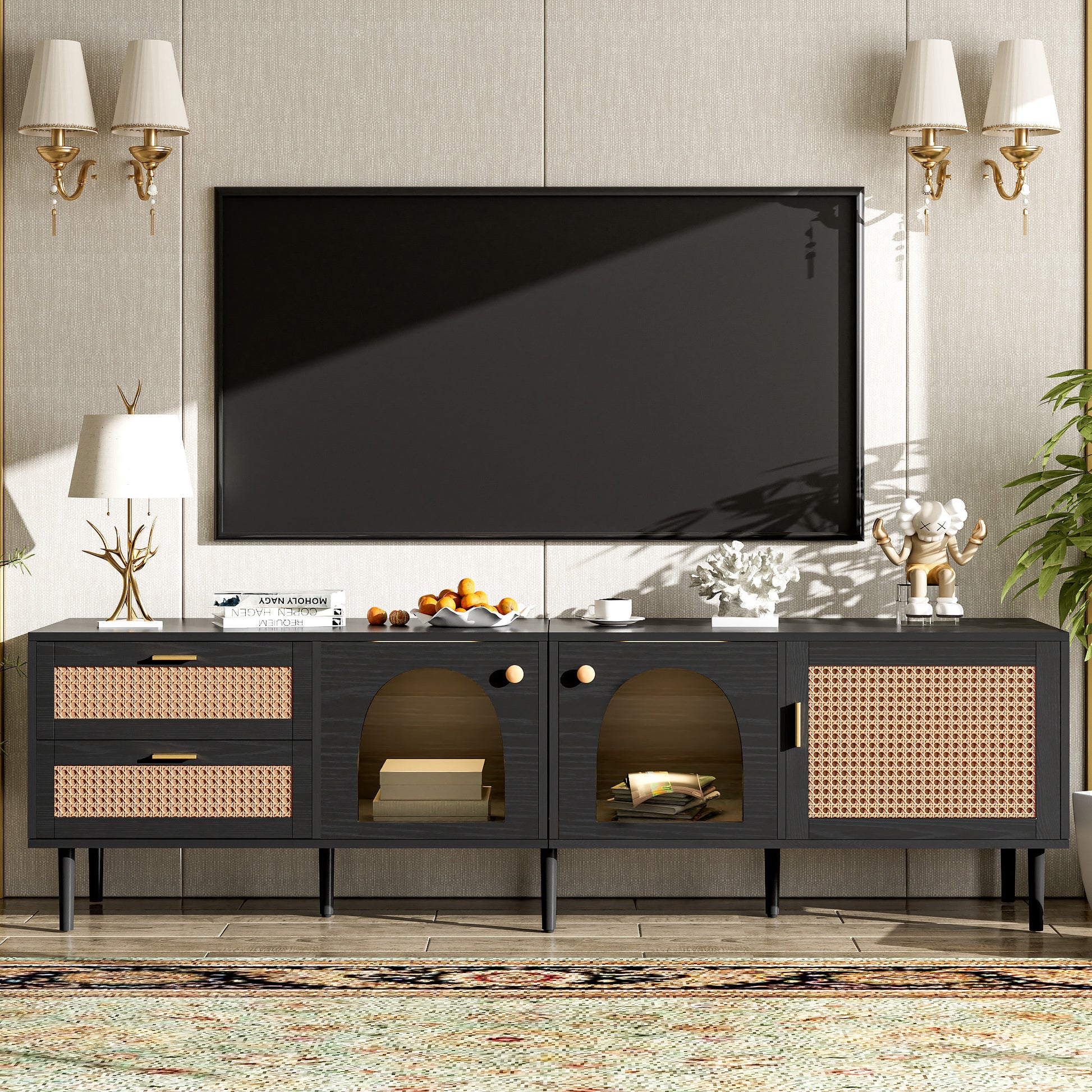 Dark wood media console with rattan accents  drawers arched glass doors and gold hardware