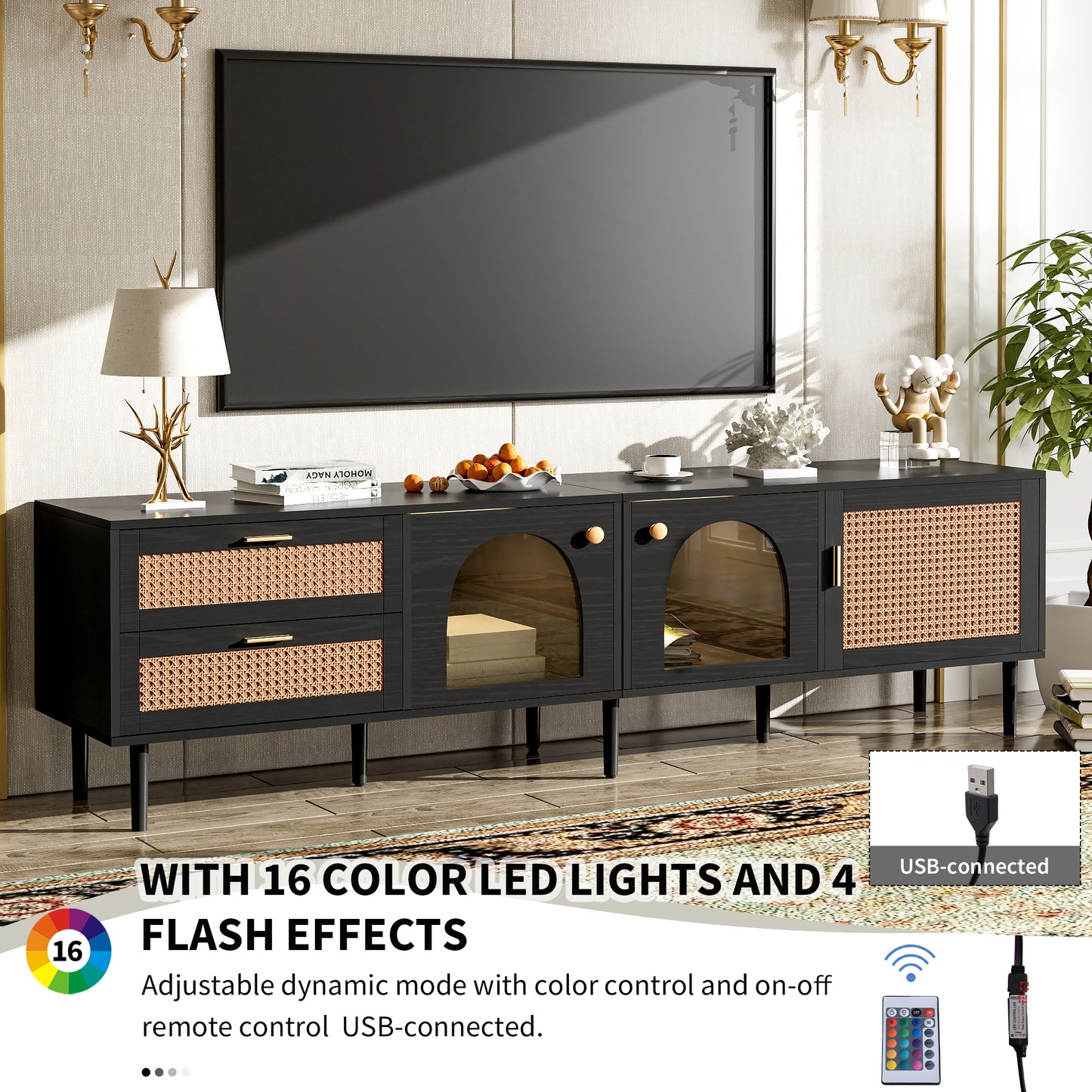 Black media console with woven rattan drawer fronts and glass cabinet doors featuring LED lights