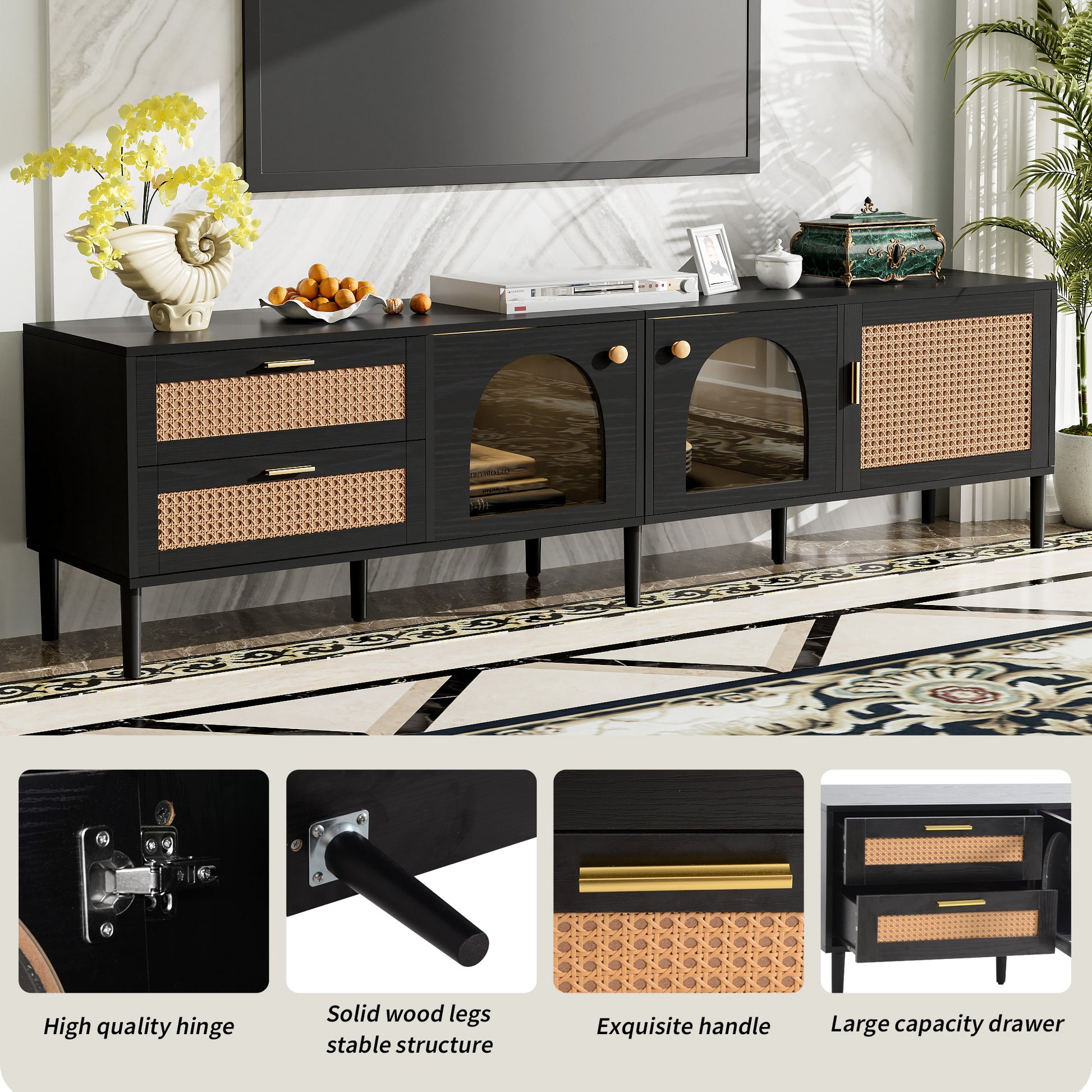 Black media console with rattan details and gold hardware perfect for living rooms