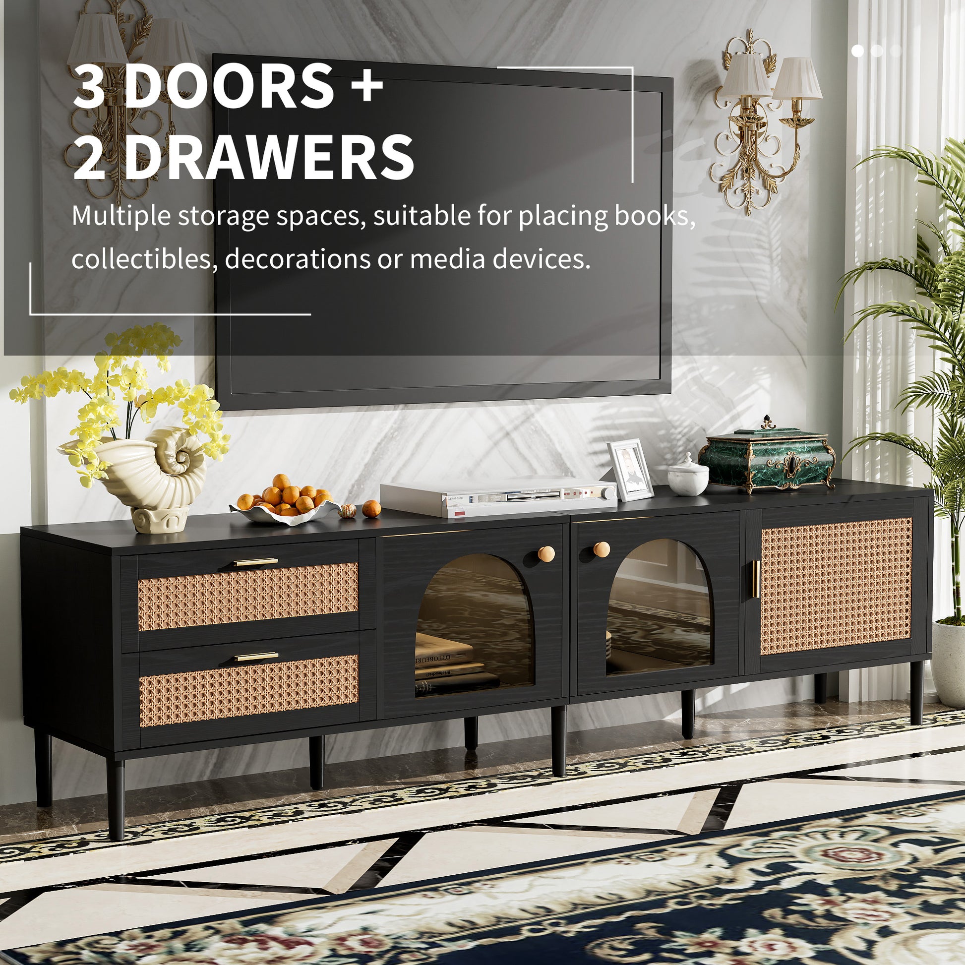 Black media console with rattan doors arched glass cabinets and gold hardware