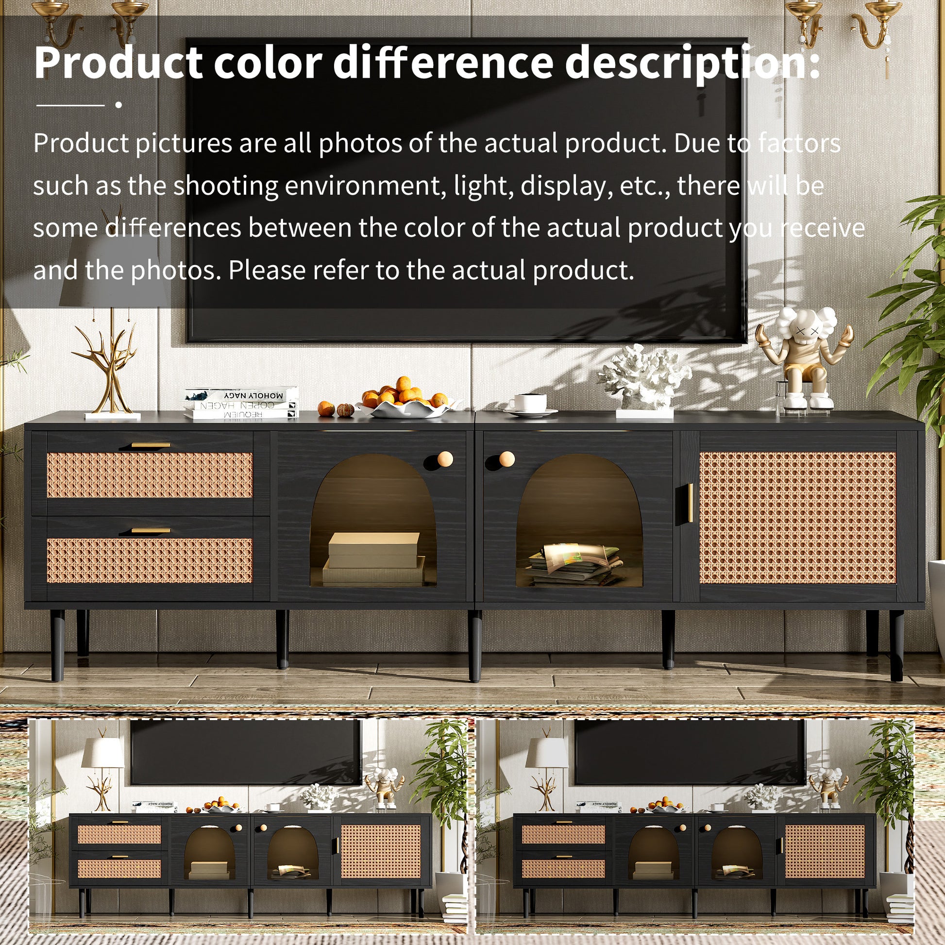 Modern black media console with cane webbing doors and arched glass cabinets