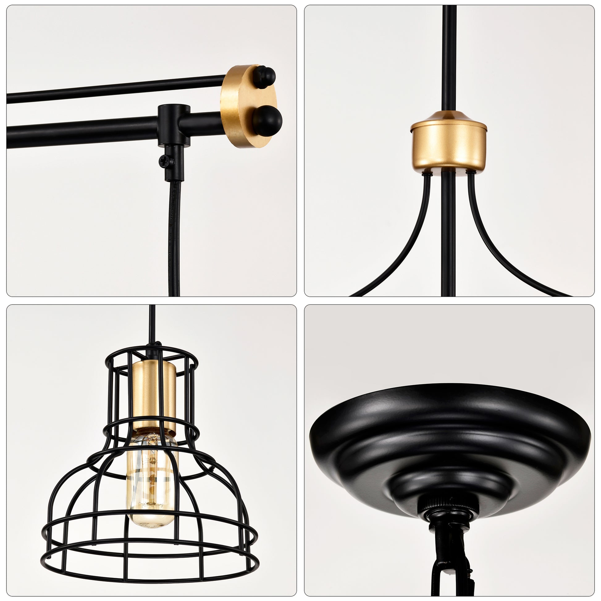 Closeup of black and brass adjustable pipe fitting on industrial pendant light