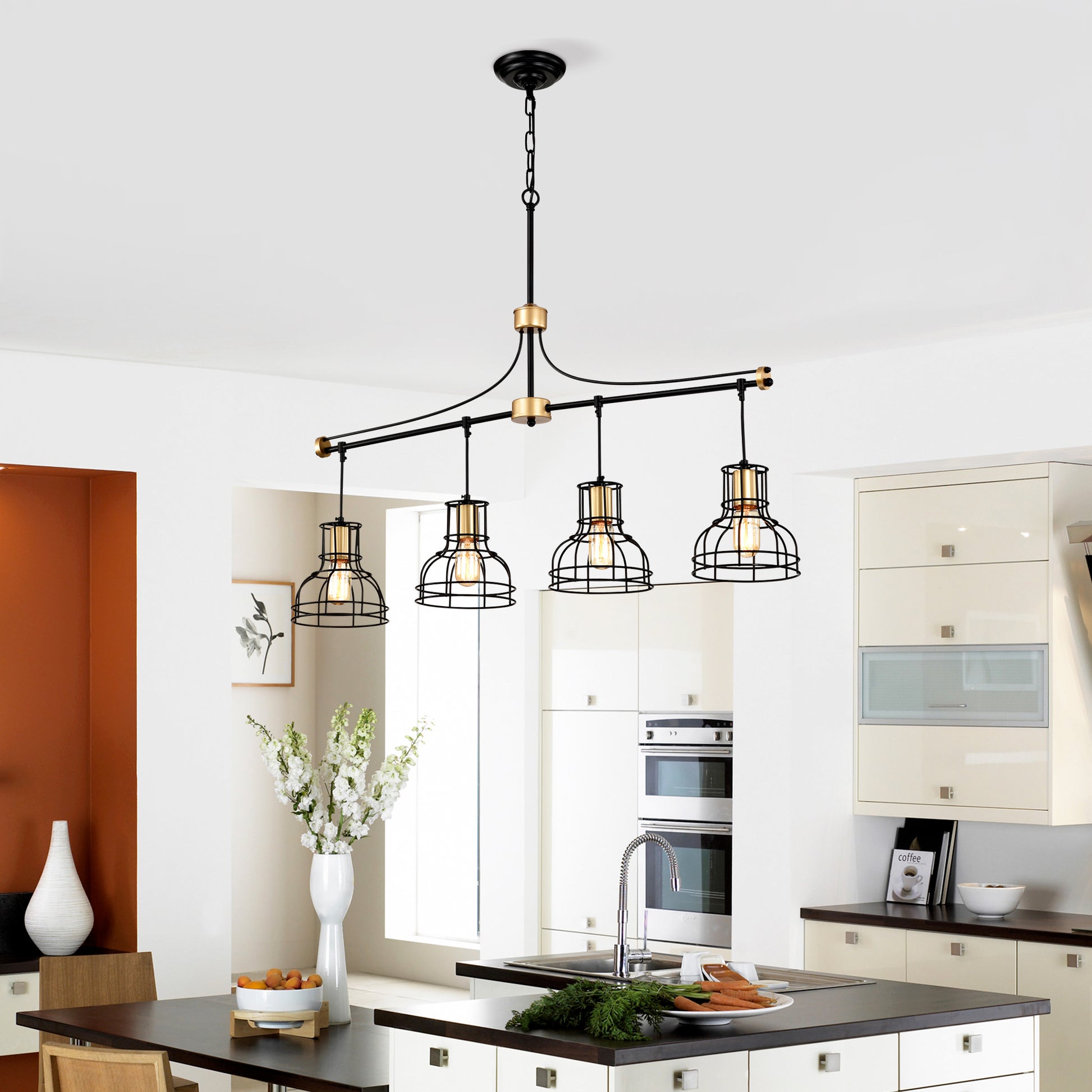 Industrial black and gold light cage pendant light for kitchen island