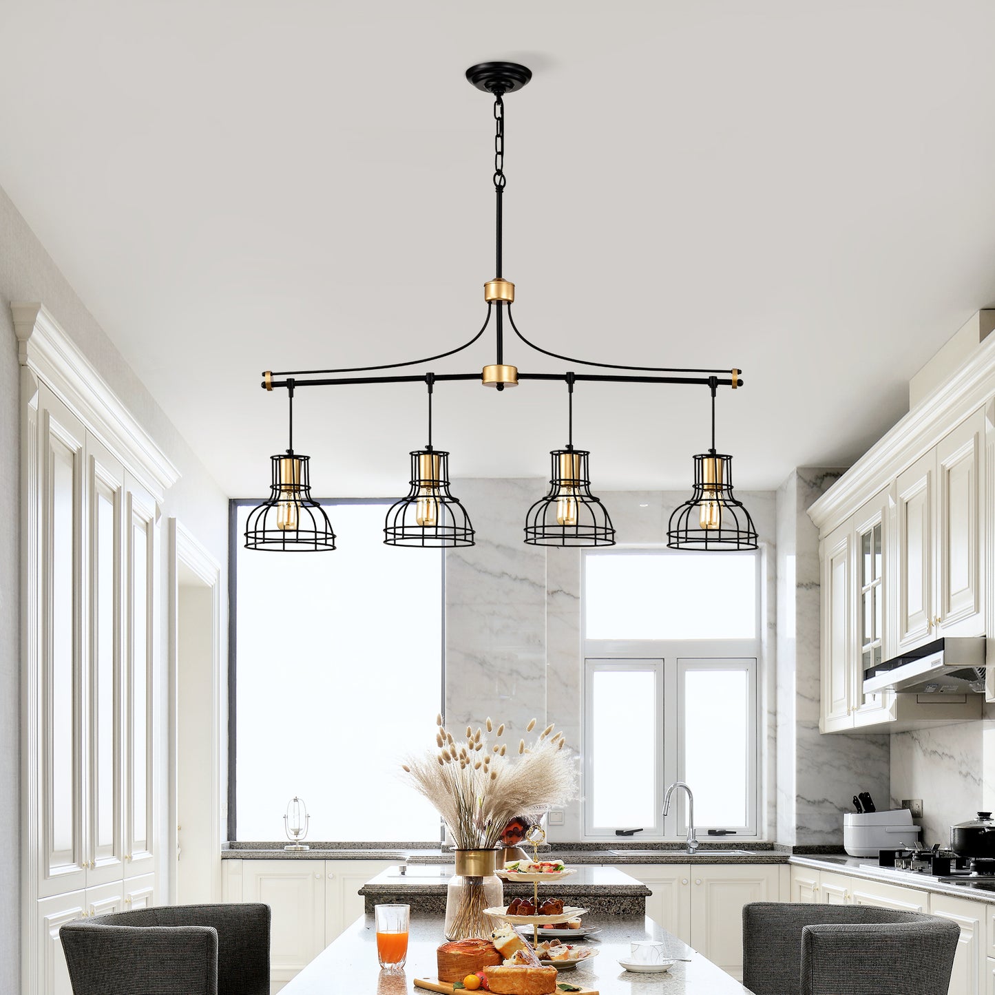Black metal island chandelier with four caged lights and gold accents