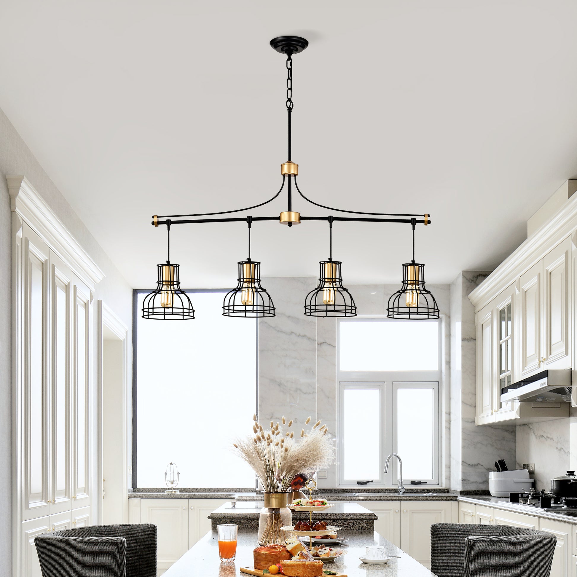 Black metal island chandelier with four caged lights and gold accents