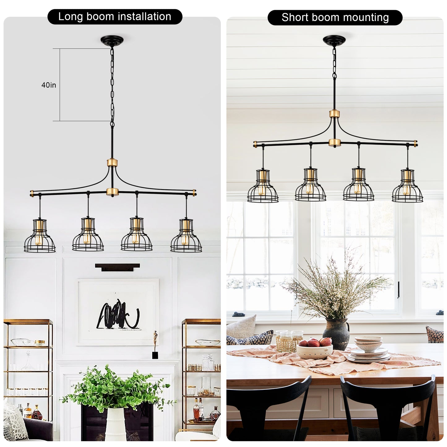 Black metal and brass linear chandelier with cage shades long boom installation