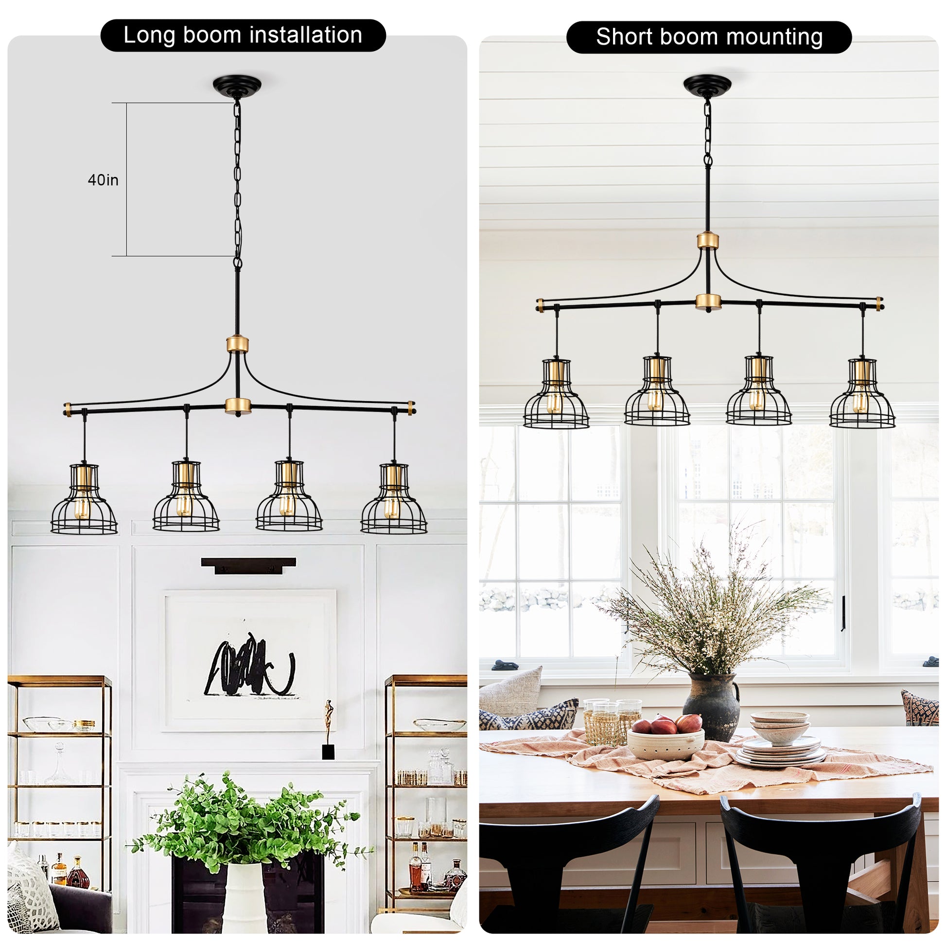 Black metal and brass linear chandelier with cage shades long boom installation