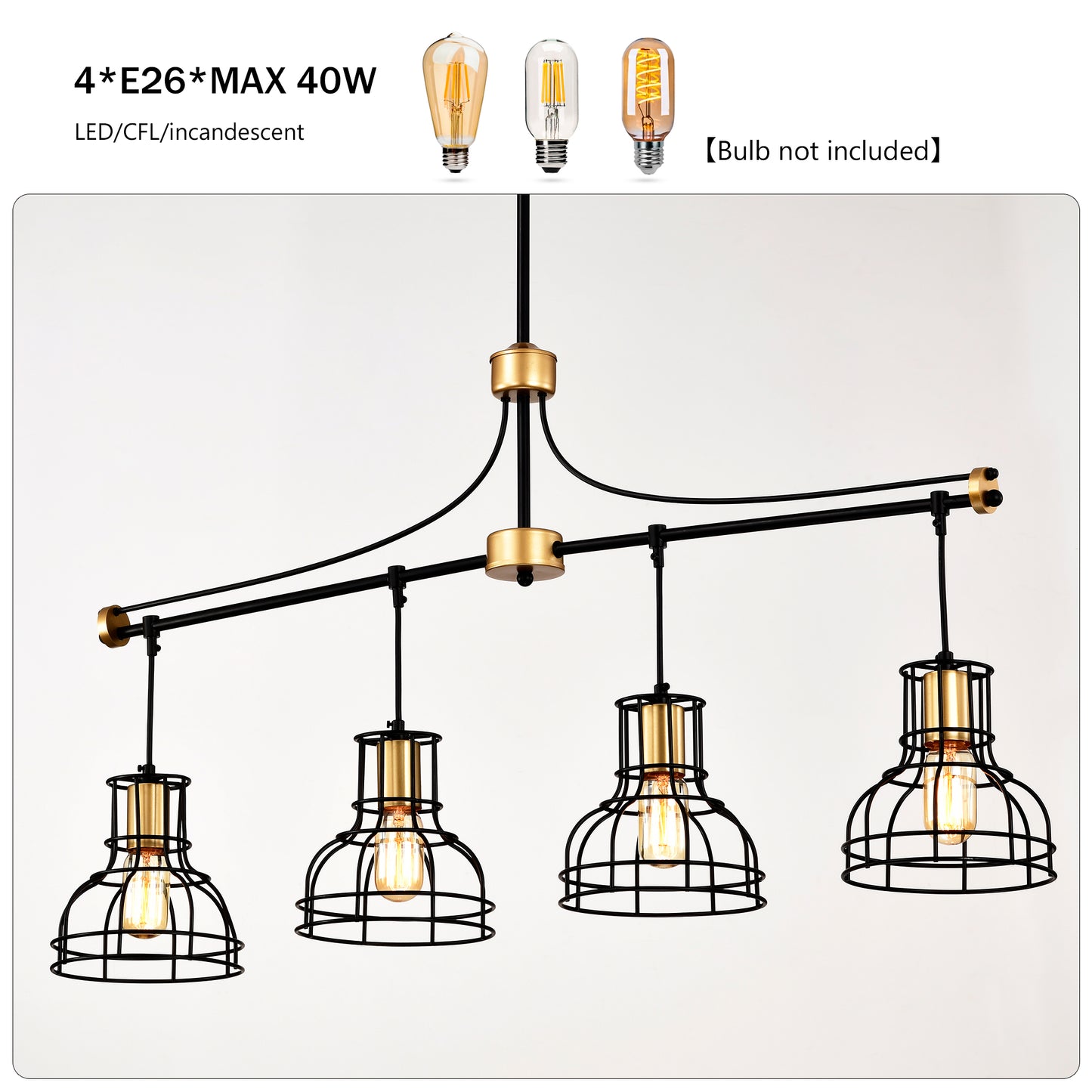 Black industrial chandelier with four black cage pendant lights and gold accents