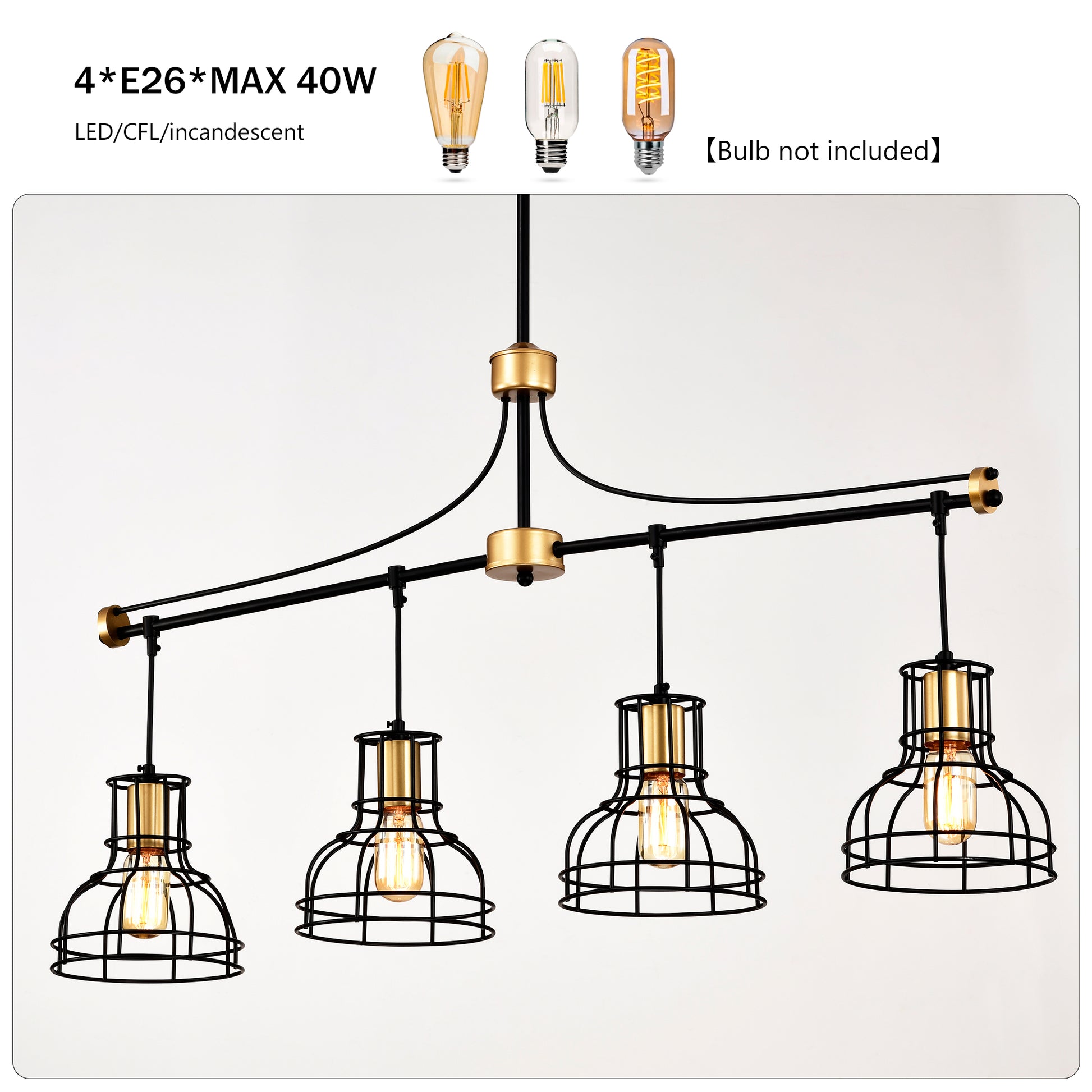 Black industrial chandelier with four black cage pendant lights and gold accents