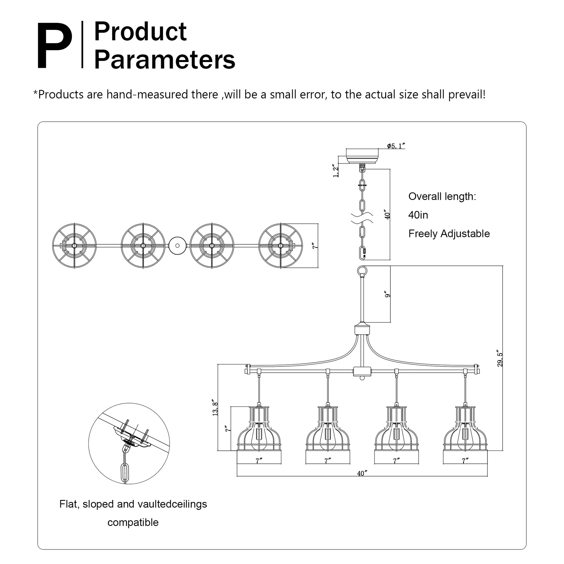Technical drawing of a light industrial pendant light fixture with dimensions shown
