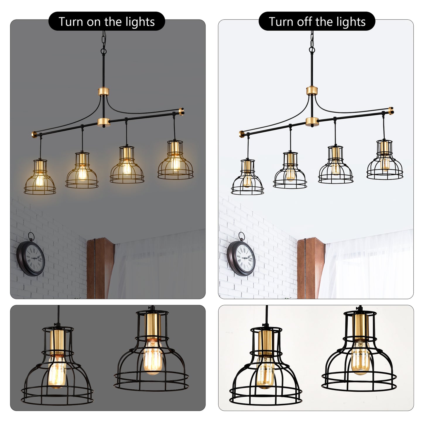 Industrial black metal pendant light fixture with brass accents and cage shades