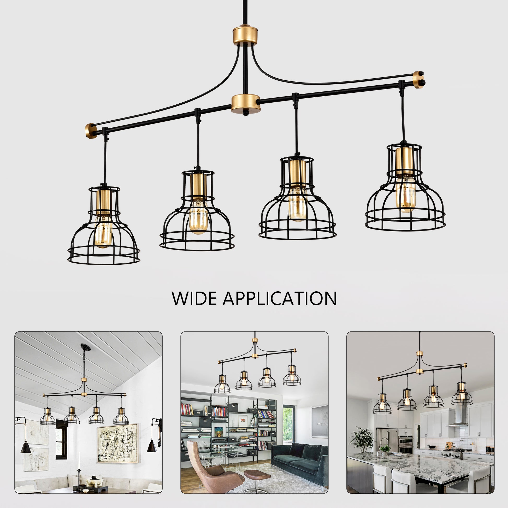 Industrial style pendant light with four black cage shades and gold accents