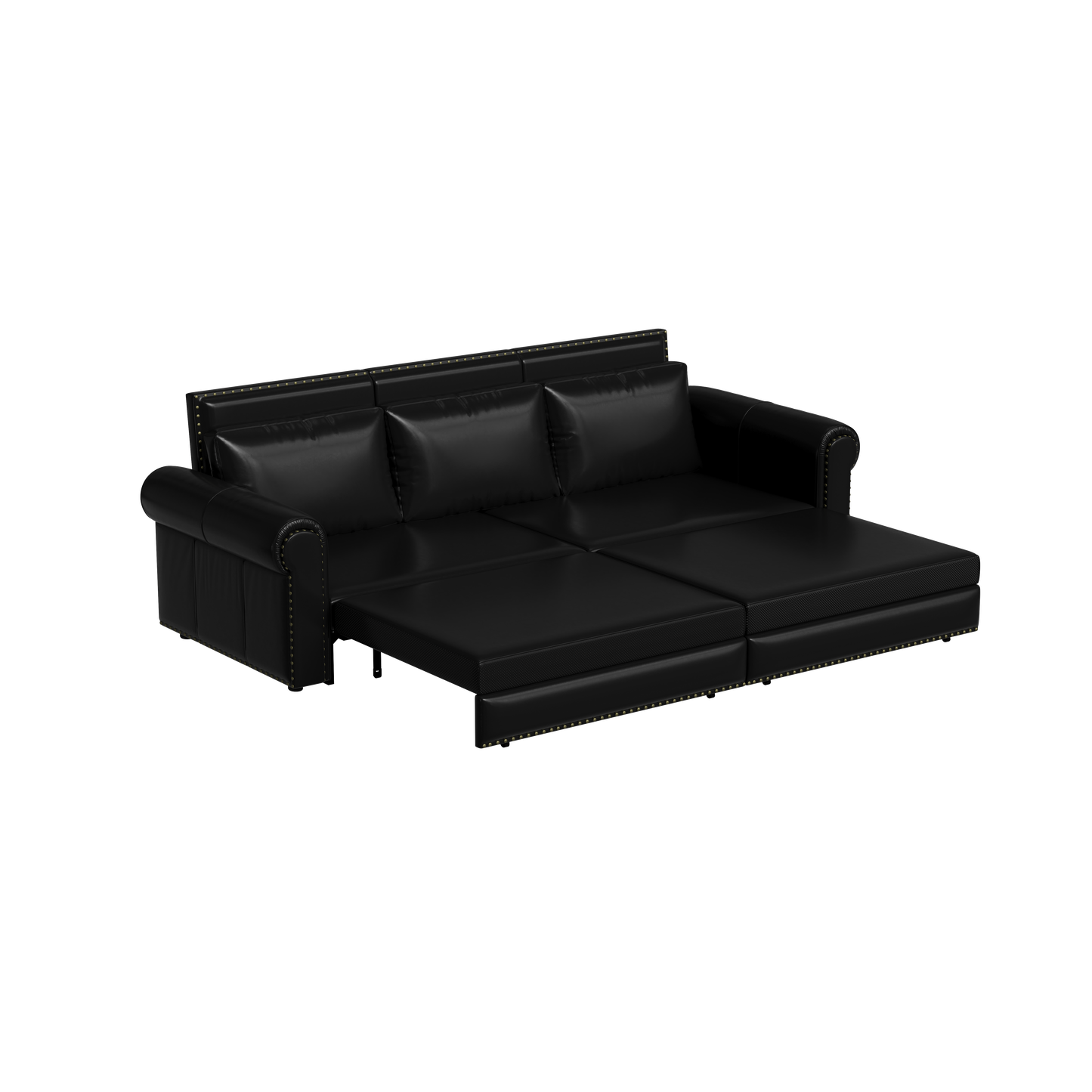 Black faux leather sofa bed with tufted details and nailhead trim