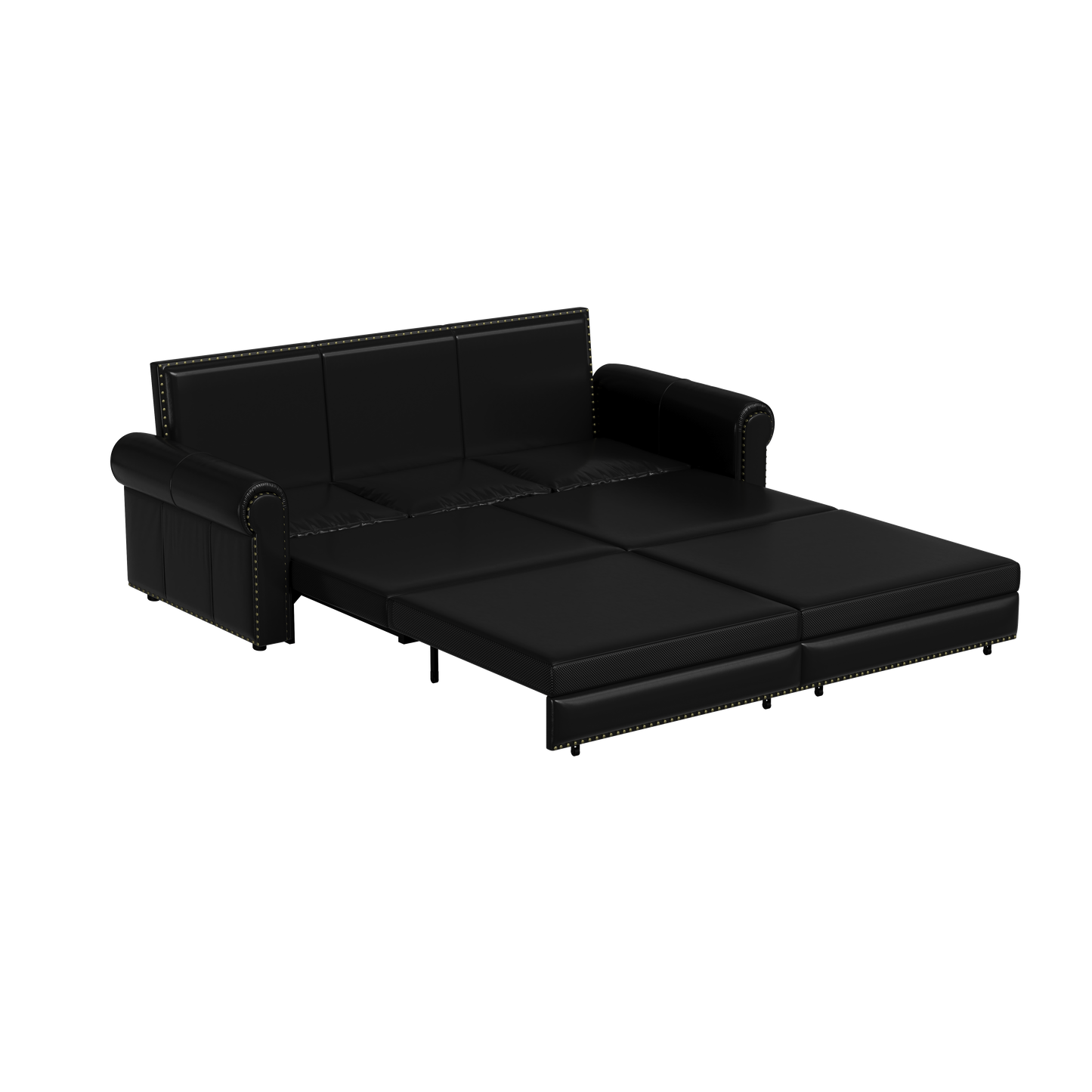 Black faux leather sofa bed with button tufting and silver legs extended to show mattress