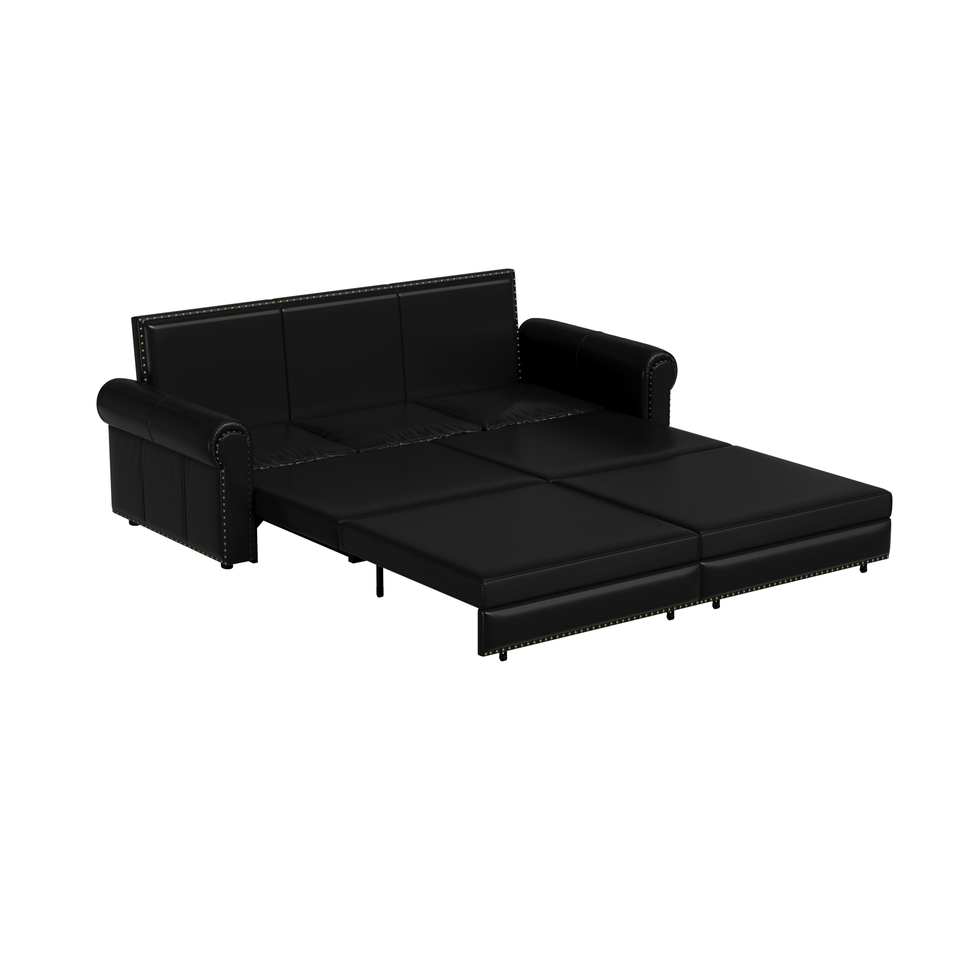 Black faux leather sofa bed with button tufting and silver legs extended to show mattress